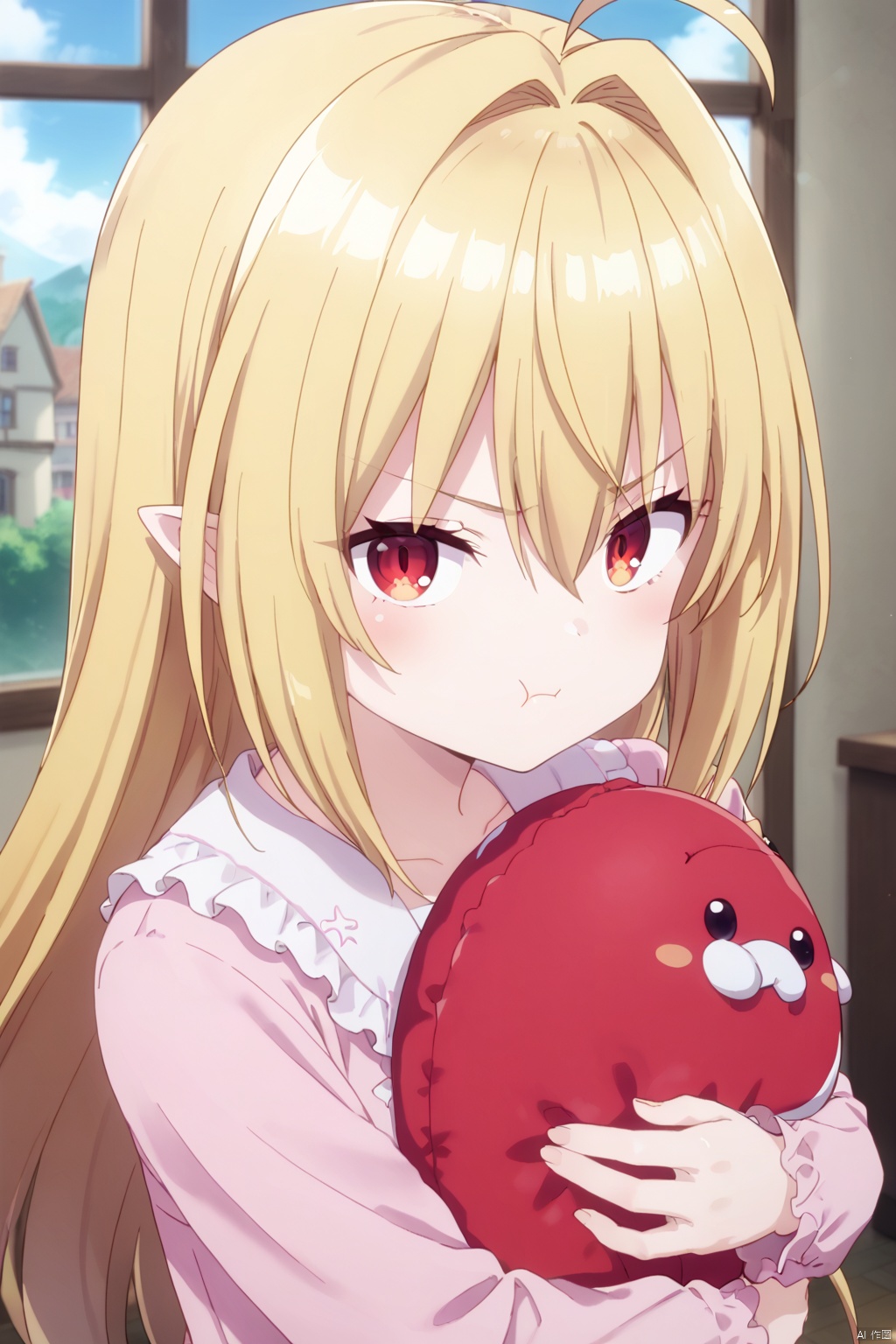 1girl,solo,long hair,looking at viewer,bangs,blonde hair,red eyes,hair between eyes,closed mouth,collarbone,upper body,pointy ears,gradient,:t,object hug,pout,,Indoor,Window,Village,Sunshine,ahoge,Pink frills pajamas,angry,Referring to others