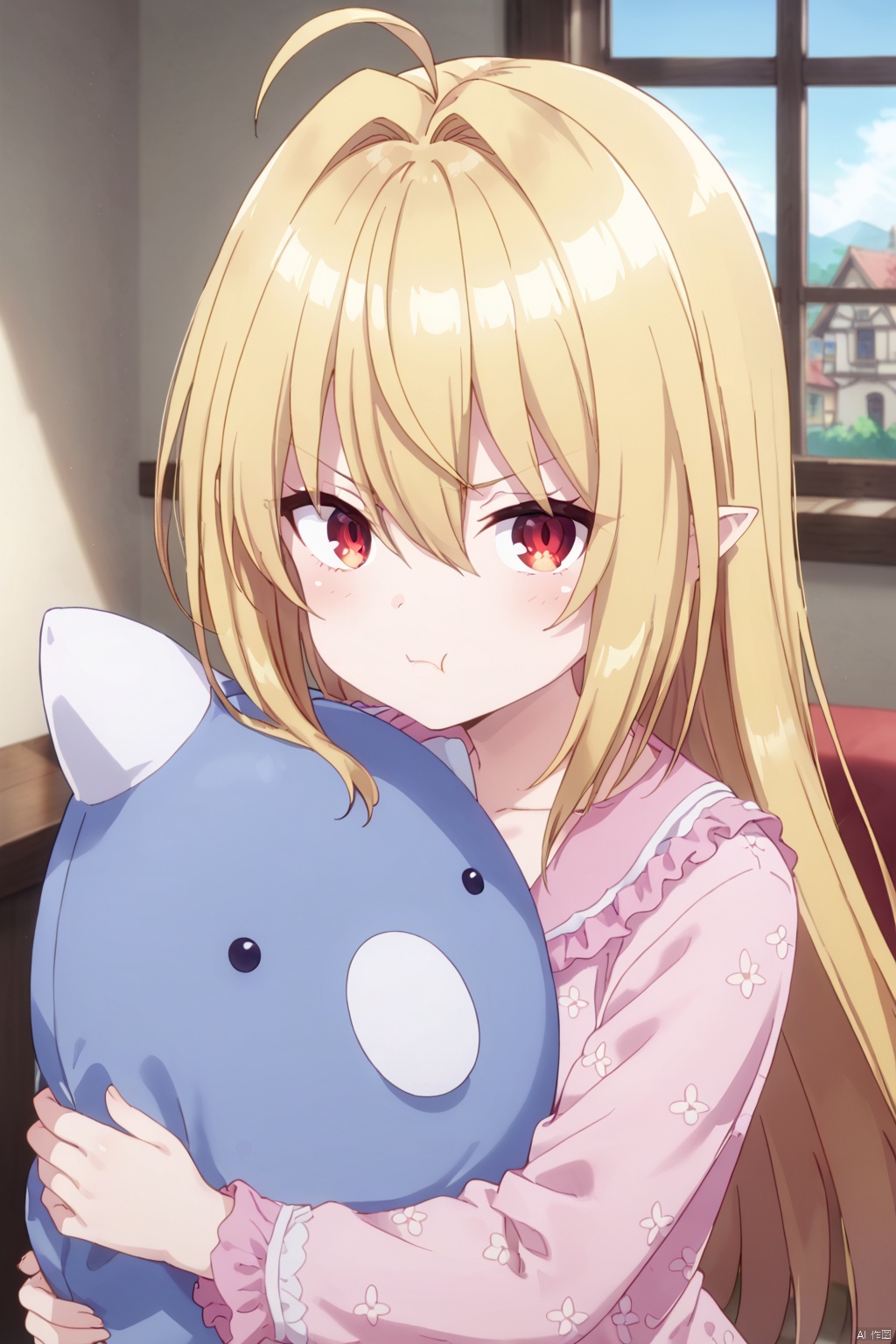 1girl,solo,long hair,looking at viewer,bangs,blonde hair,red eyes,hair between eyes,closed mouth,collarbone,upper body,pointy ears,gradient,:t,object hug,pout,,Indoor,Window,Village,Sunshine,ahoge,Pink frills pajamas,angry,Referring to others,(profile:0.6)