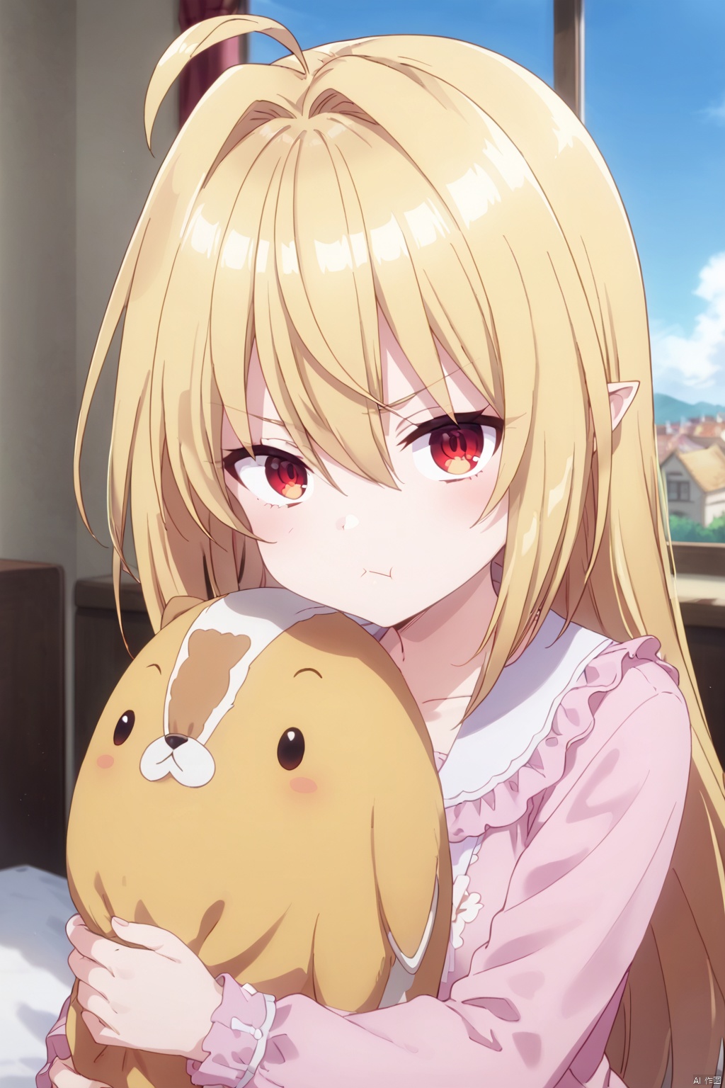 1girl,solo,long hair,looking at viewer,bangs,blonde hair,red eyes,hair between eyes,closed mouth,collarbone,upper body,pointy ears,gradient,:t,object hug,pout,,Indoor,Window,Village,Sunshine,ahoge,Pink frills pajamas,angry,Referring to others,(profile:0.6)