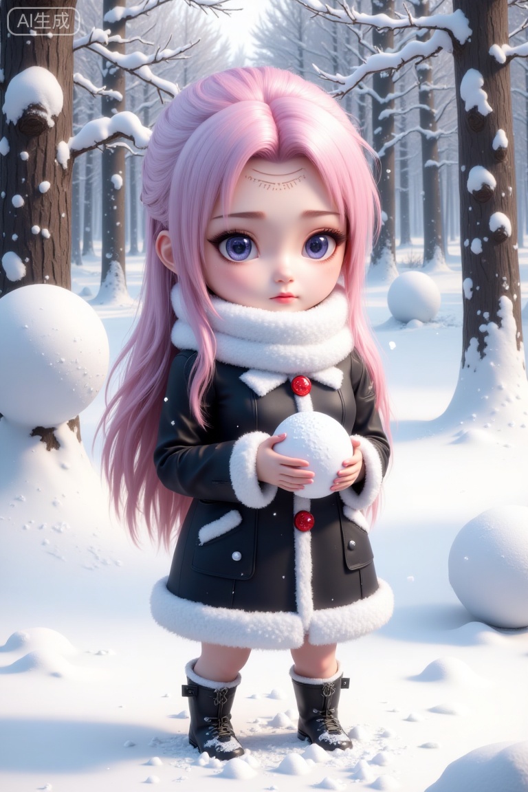 The image depicts a chibi-style character standing in a snowy forest. The character has long pink hair and is wearing a black coat with white fur trim and red buttons. They are also wearing a white scarf and black boots. The character is holding a snowball in their hands. The background consists of snow-covered trees and a soft, wintry landscape. The overall scene is serene and festive, with a focus on the character and the winter environment.