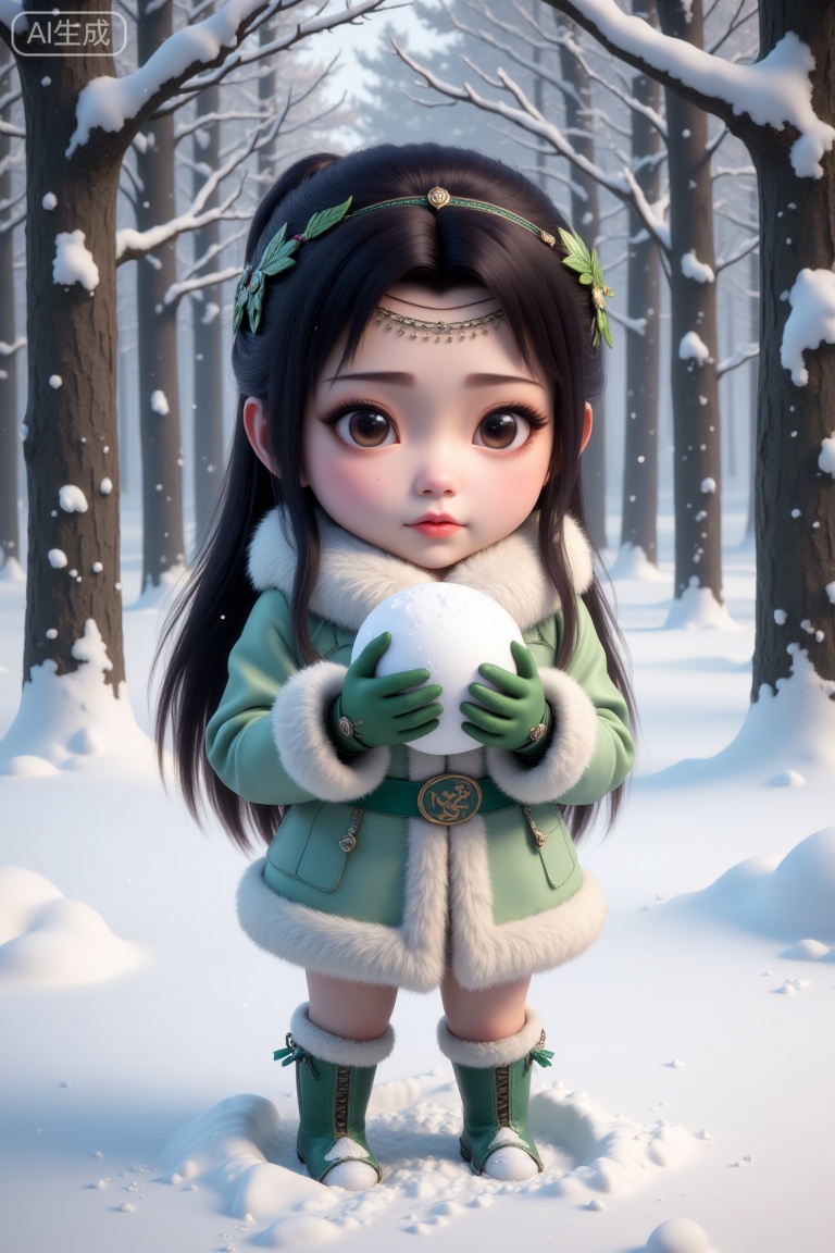 The image depicts a young girl standing in a snowy forest. She is dressed in a light green coat with fur trim and green gloves, and her long dark hair is adorned with a decorative headband and a small leaf-shaped accessory. She is holding a snowball in her hands, which she appears to be about to throw. The background consists of tall, snow-covered trees, and the ground is blanketed with a thick layer of snow. Snowflakes are gently falling, creating a serene winter scene.