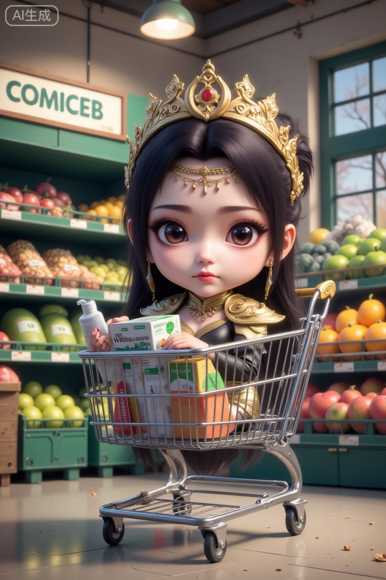 The image depicts a stylized, chibi-style character sitting in a shopping cart inside a grocery store. The character has large, expressive eyes and is wearing a golden, ornate headpiece and a black outfit with gold accents. The shopping cart is filled with various grocery items, including a box of cigarettes, a bottle of lotion, and other packaged goods. The background shows shelves stocked with fruits and other groceries, and a sign above the cart reads "COMICEB." The overall scene has a whimsical and humorous tone, blending everyday shopping with a fantastical character.