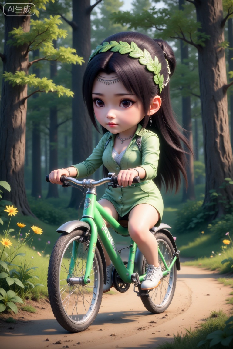 The image depicts a young girl riding a green bicycle on a dirt path surrounded by a forest. She is wearing a light green outfit and has long dark hair tied with a green headband adorned with leaves. The background features tall trees with dense foliage, and there are small yellow flowers scattered along the path. The lighting suggests a bright, sunny day, and the overall atmosphere is serene and playful.