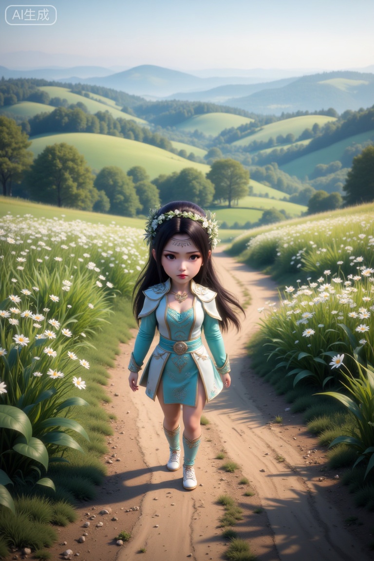 The image depicts a serene countryside scene with a young girl walking along a dirt path surrounded by lush greenery and blooming flowers. The girl is dressed in a light blue outfit with intricate designs, and she has long dark hair adorned with a floral headband. The path curves gently through the landscape, leading towards a misty horizon with rolling hills and trees in the distance. The overall atmosphere is peaceful and idyllic, evoking a sense of tranquility and connection with nature.