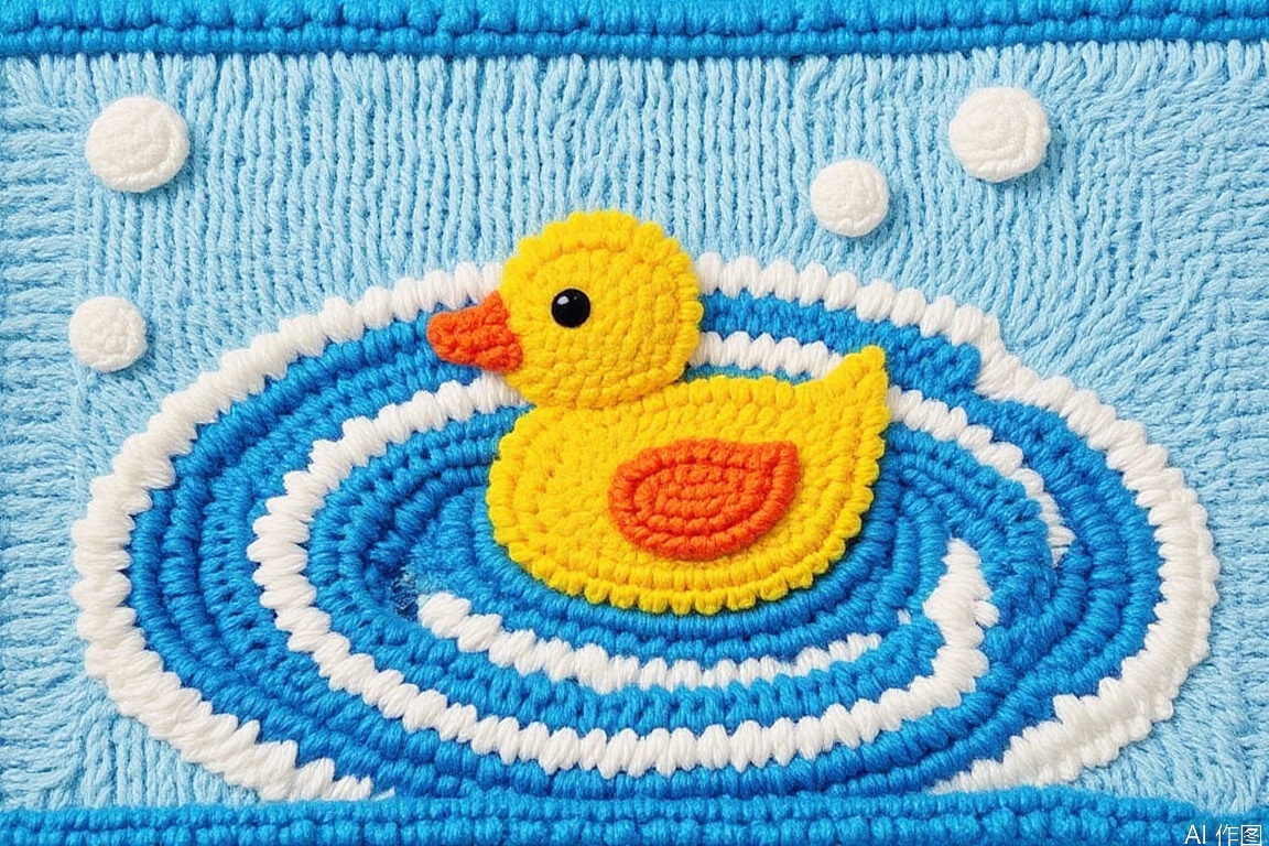latch hook rug motif of  A playful yellow rubber duck floating in a "bubble bath" of white and blue circles.,knitting,labihua