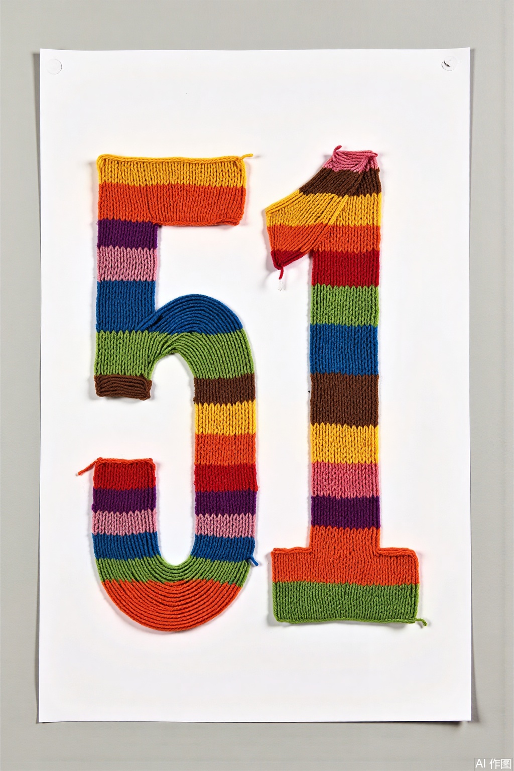 knit art, High image quality, 51 poster, the two numbers 51 knitted with colorful yarn in the picture