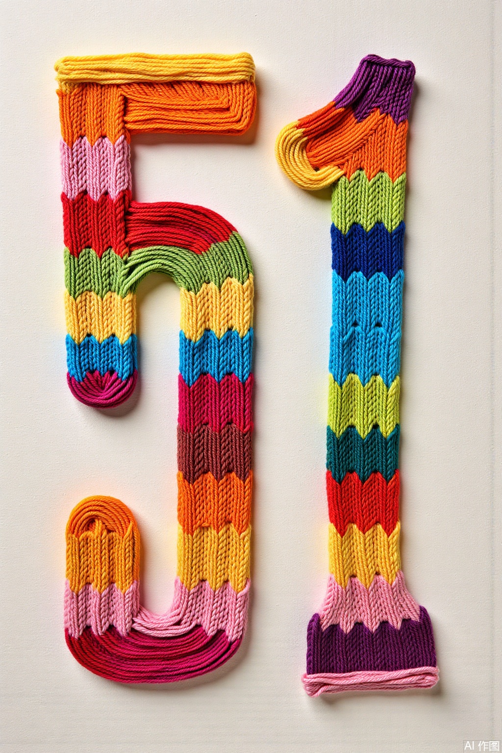 knit art, High image quality, 51 poster, the two numbers 51 knitted with colorful yarn in the picture