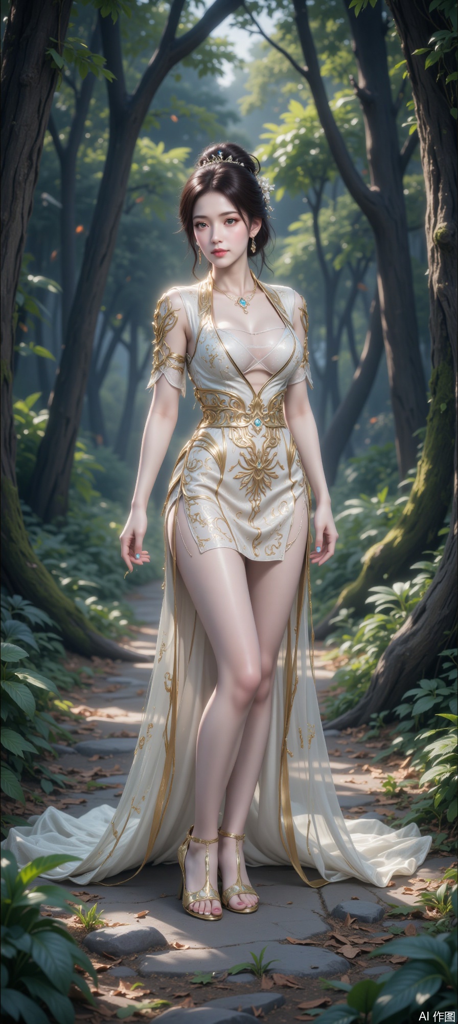 The image depicts a woman standing in a forest setting. She is dressed in an elegant, white gown with intricate gold designs, including a detailed pattern on her chest and sleeves. Her attire is complemented by a matching necklace and a pair of gold high-heeled sandals. The gown has a flowing skirt that extends to the ground, creating a graceful silhouette. The woman's hair is styled in an updo, adorned with small white flowers, and she is wearing delicate earrings. The forest around her is lush and green, with tall trees and a path covered in fallen leaves and greenery. The overall atmosphere is serene and mystical, with soft lighting enhancing the natural beauty of the surroundings.