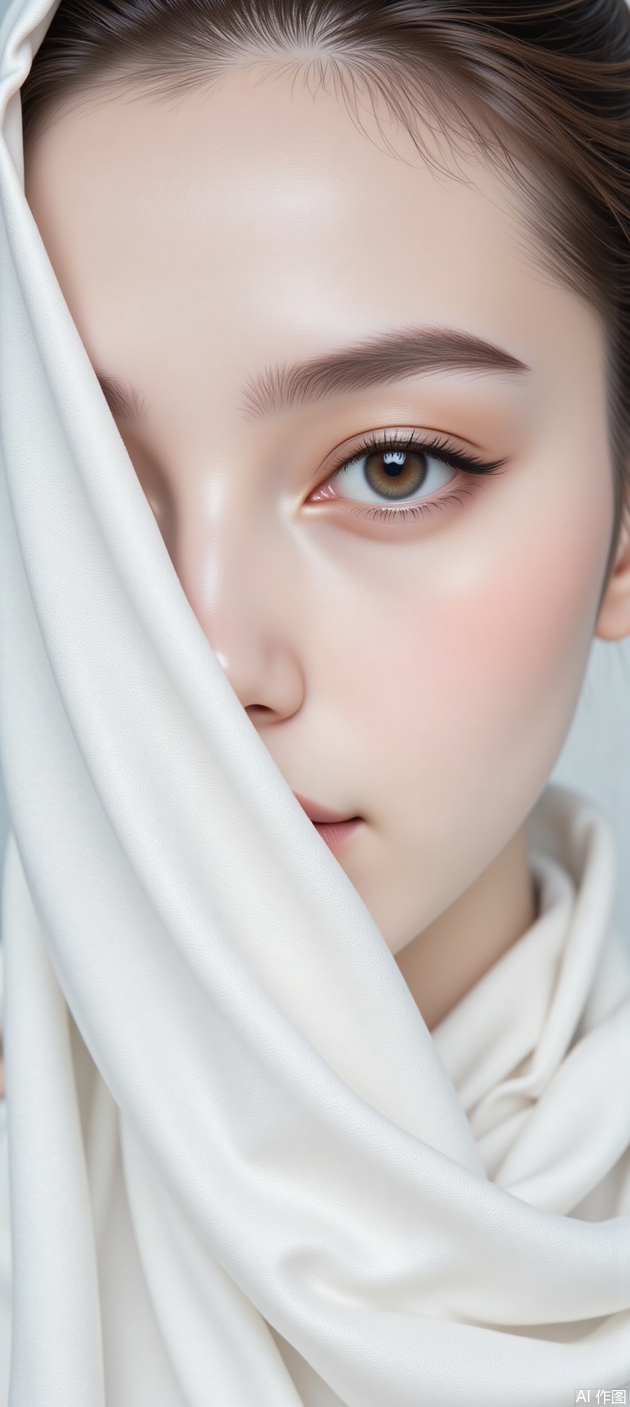 The image shows a close-up of a person's face partially covered by a white fabric. The person has light skin and is wearing makeup, including eyeliner and mascara. Their eye is visible, and it is looking directly at the camera. The fabric covers the lower part of the face, leaving only the eye visible. The lighting is soft and highlights the smooth texture of the skin and the fabric. The background is blurred, making the focus on the person's face and the fabric. The image has a high level of detail, particularly in the texture of the fabric and the smoothness of the skin. 