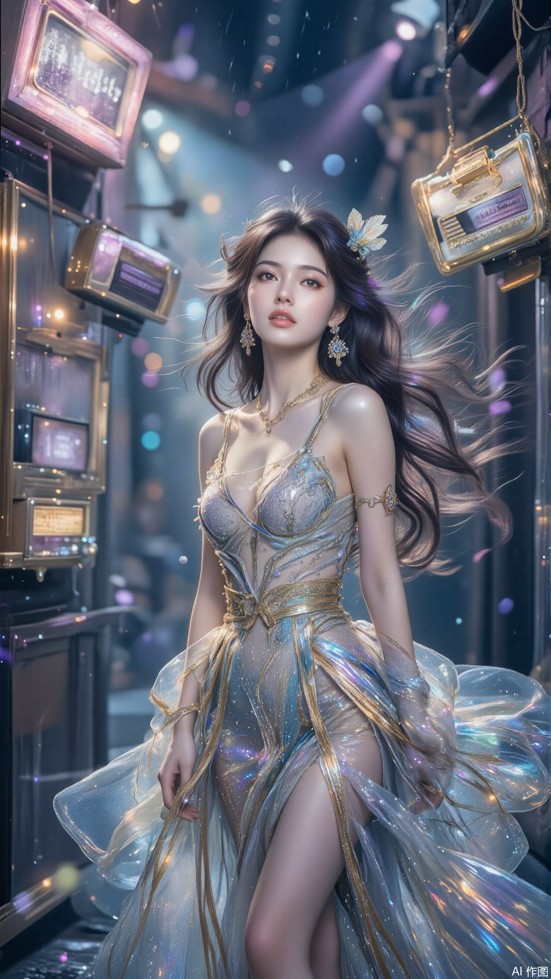 A modern girl with retro curls stands in a neon-lit rainy alley where old-fashioned radios float. Pinkish-purple rim light surrounds her, and soft pastel colors wash over the street. Surreal elements clash with the vintage setting. The low-angle upward shot emphasizes her charm and the fantastical mood.,motion blur effect,jzbj,color-speckled background,digital-art,sparkling dress