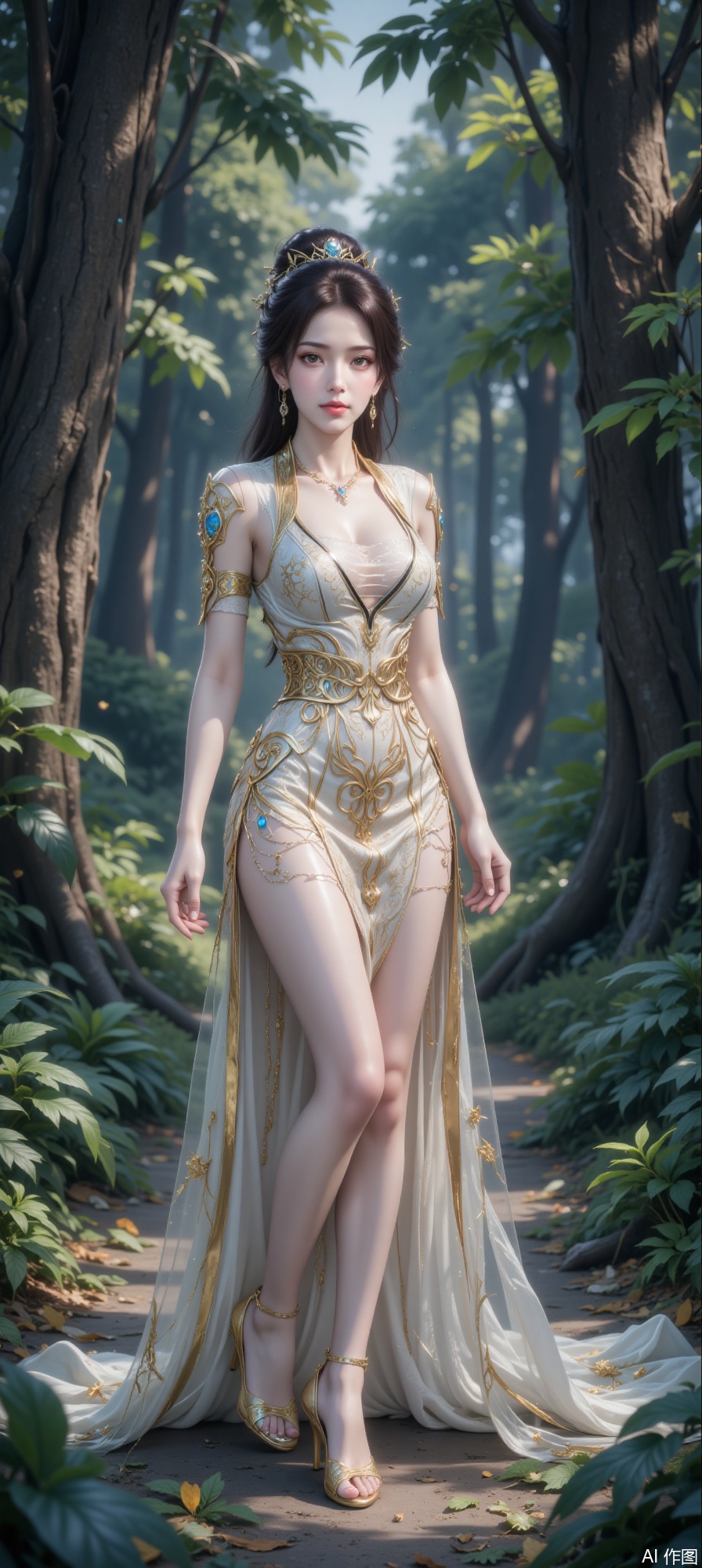 The image depicts a woman standing in a forest setting. She is dressed in an elegant, white gown with intricate gold designs, including a detailed pattern on her chest and sleeves. Her attire is complemented by a matching necklace and a pair of gold high-heeled sandals. The gown has a flowing skirt that extends to the ground, creating a graceful silhouette. The woman's hair is styled in an updo, adorned with small white flowers, and she is wearing delicate earrings. The forest around her is lush and green, with tall trees and a path covered in fallen leaves and greenery. The overall atmosphere is serene and mystical, with soft lighting enhancing the natural beauty of the surroundings.