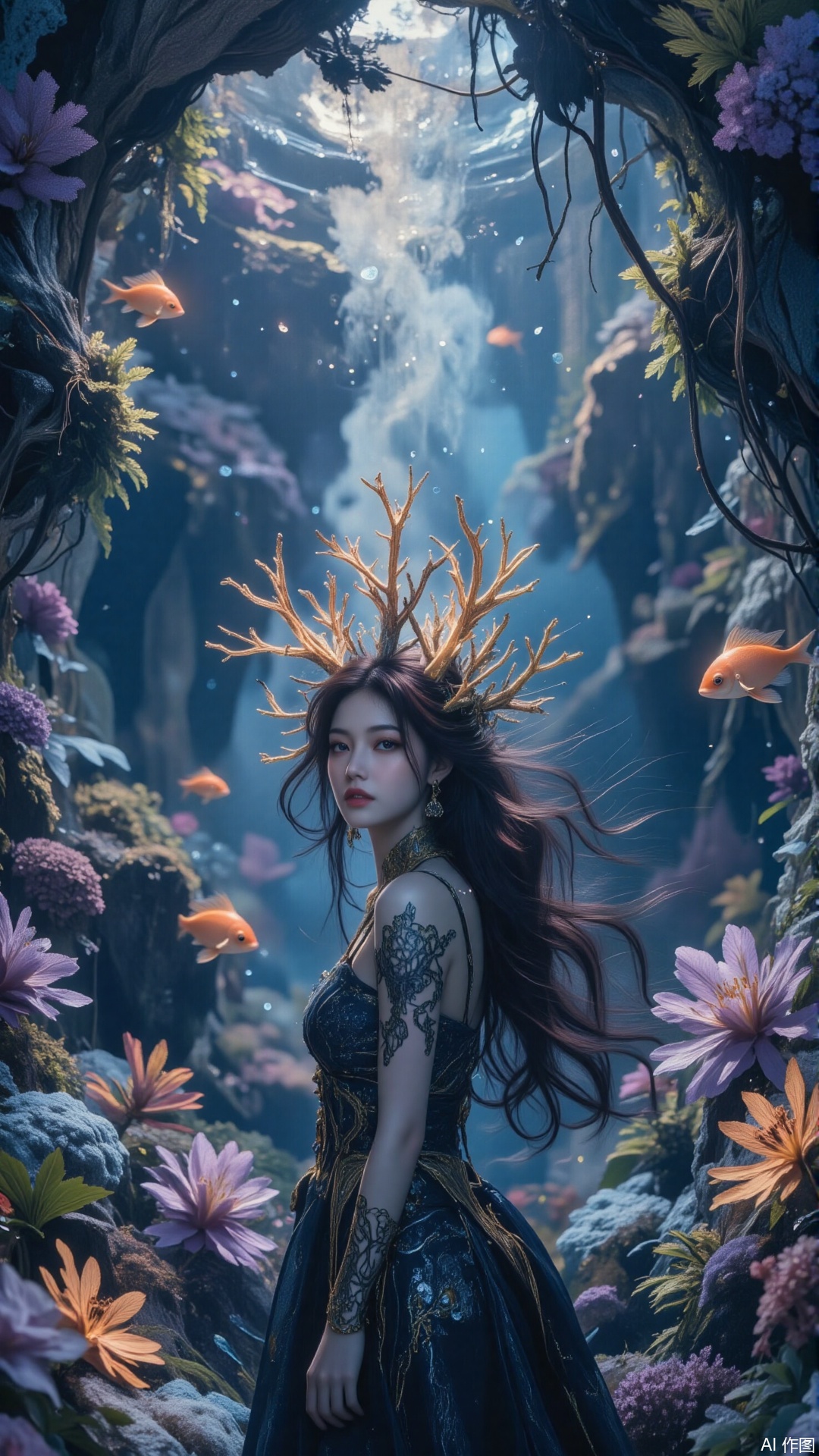 Inside an underwater cave, a woman's hair sprouts glowing coral as mechanical fish swim around her. Luminescent vines drape from the cave ceiling while breathing fluorescent moss carpets the floor. Fluctuating shades of lilac and deep blue surround her silhouette with a pearlescent glow. Through my view, the rule of thirds preserves this surreal underwater world where biology meets machinery..,surrealism,motion blur effect,gothic dress,jzbj,color-speckled background,digital-art