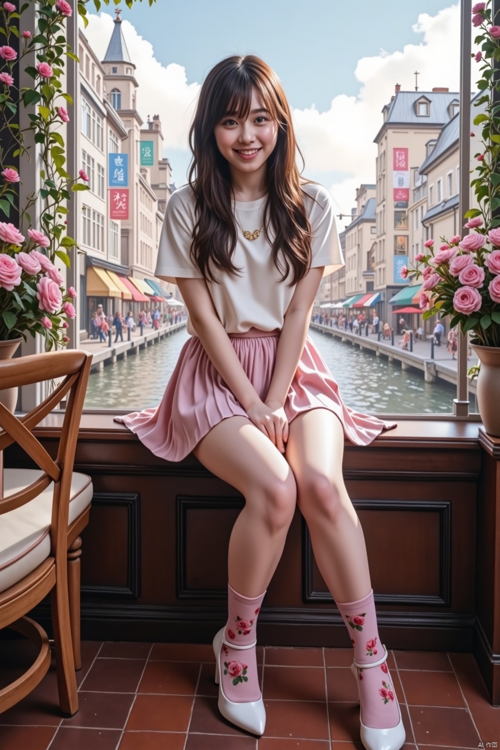 A photorealistic masterpiece of a confident and lively Asian girl with long hair, stunning features, and captivating eyes. She's posed looking away from the viewer, exuding an air of quiet confidence. Framed by a magnificent cityscape, she sits in a cozy cafe, surrounded by the bustling atmosphere. Her pleated skirt falls just above her knees, showcasing her toned legs clad in pink tights and floral patterned ones. White high heels add a touch of elegance to her overall look. The focus is from below, emphasizing the subject's beauty as she effortlessly blends into the romantic cityscape.,HARUKA,AIDMAFLUXPROULTRA,AIDMAHYPERREALISM