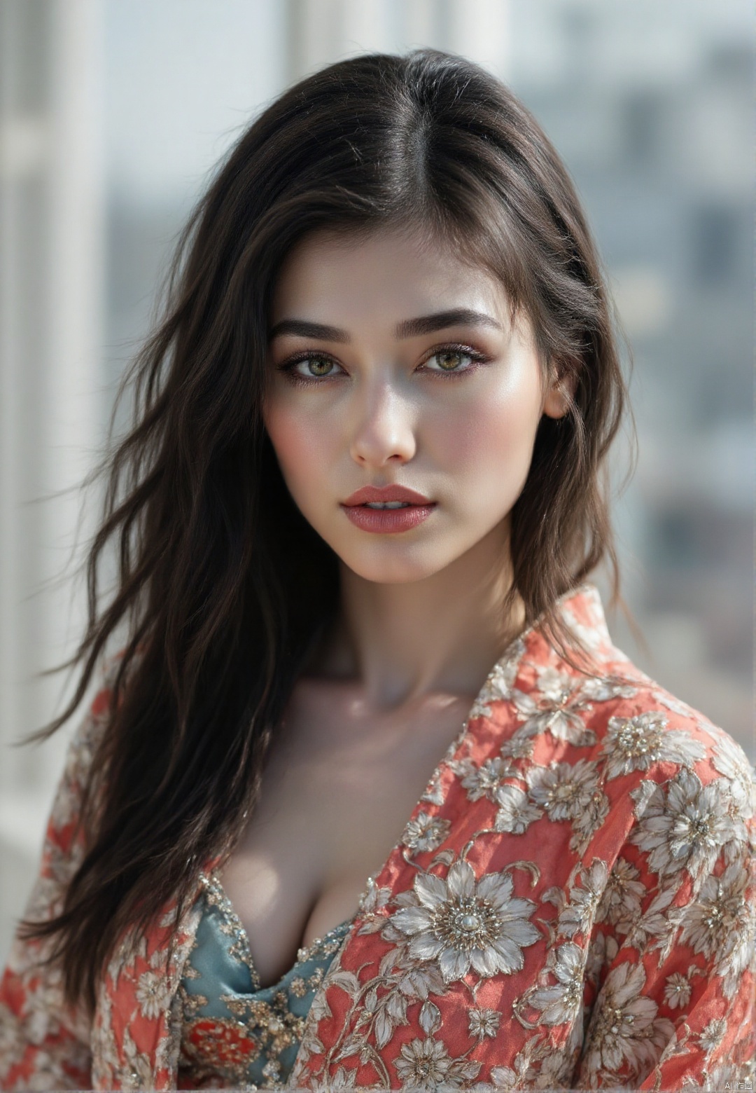and her expression is contemplative and slightly melancholic. She has a delicate, fair complexion and long, The image is a high-resolution photograph featuring a close-up portrait of a woman with a fair complexion and long, platinum black hair flowing freely, shimmering silver embroidery and a teal underlay., This photograph features a young woman. She is depicted in a natural, vibrant red dress.,HARUKA,