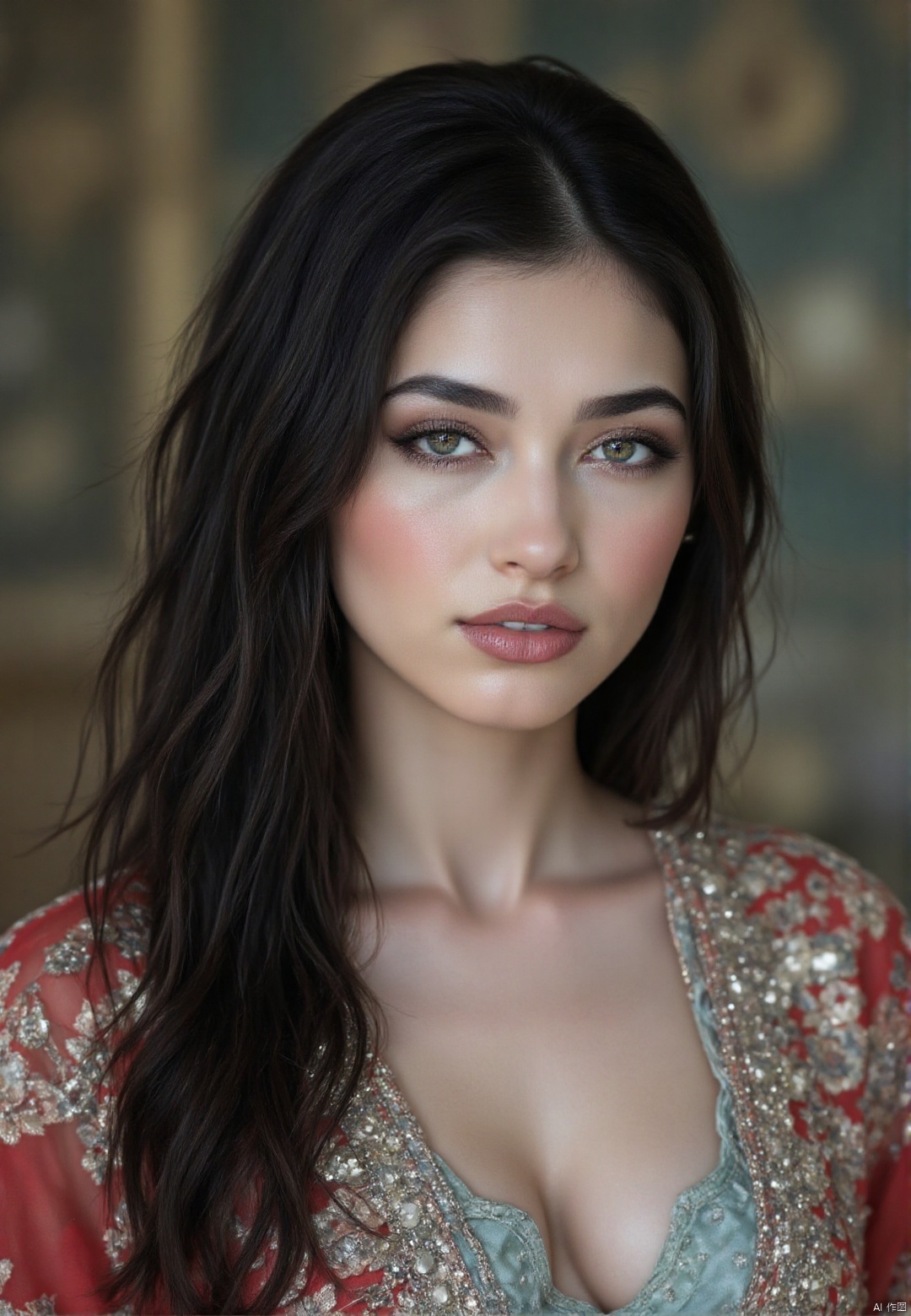 and her expression is contemplative and slightly melancholic. She has a delicate, fair complexion and long, The image is a high-resolution photograph featuring a close-up portrait of a woman with a fair complexion and long, platinum black hair flowing freely, shimmering silver embroidery and a teal underlay., This photograph features a young woman. She is depicted in a natural, vibrant red dress.,HARUKA,