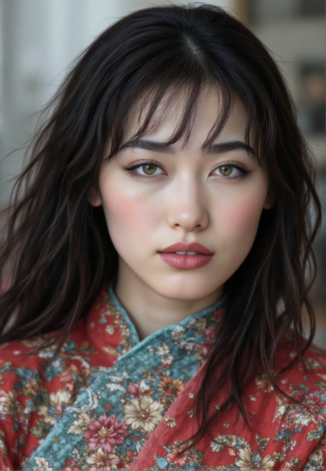 and her expression is contemplative and slightly melancholic. She has a delicate, fair complexion and long, The image is a high-resolution photograph featuring a close-up portrait of a woman with a fair complexion and long, platinum black hair flowing freely, shimmering silver embroidery and a teal underlay., This photograph features a young woman. She is depicted in a natural, vibrant red dress.,HARUKA,