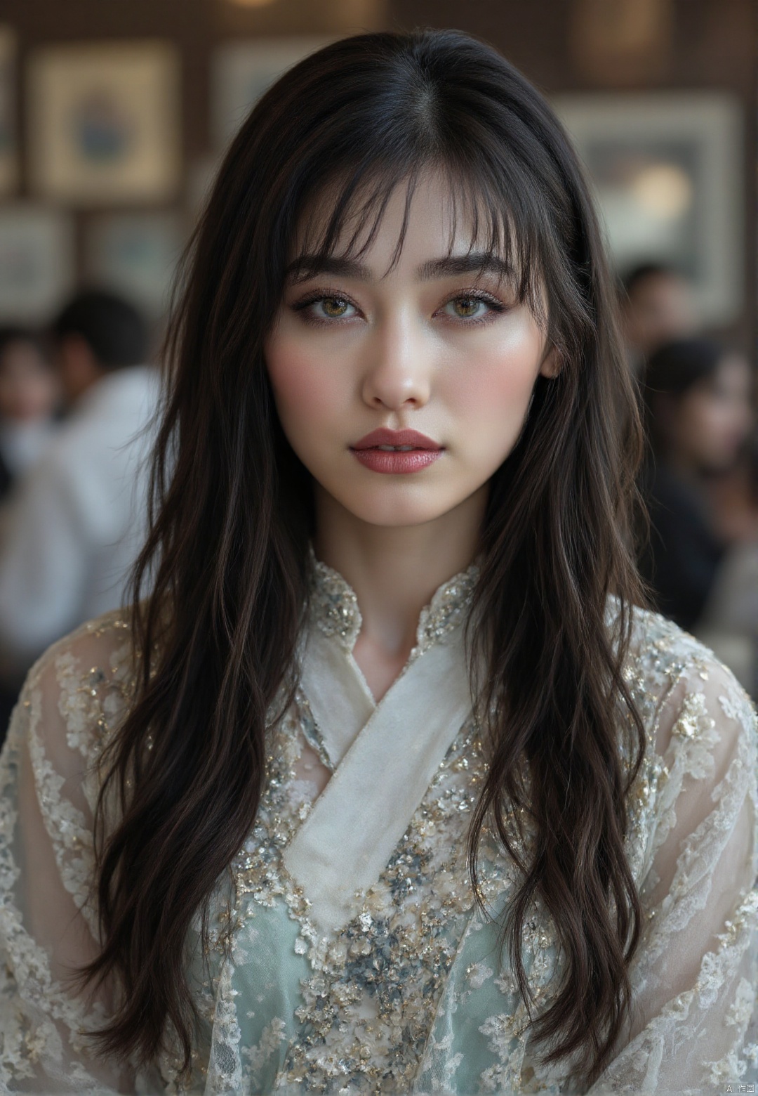 and her expression is contemplative and slightly melancholic. She has a delicate, fair complexion and long, The image is a high-resolution photograph featuring a close-up portrait of a woman with a fair complexion and long, platinum black hair flowing freely, shimmering silver embroidery and a teal underlay., This photograph features a young woman. She is depicted in a natural, vibrant red dress.,HARUKA,
