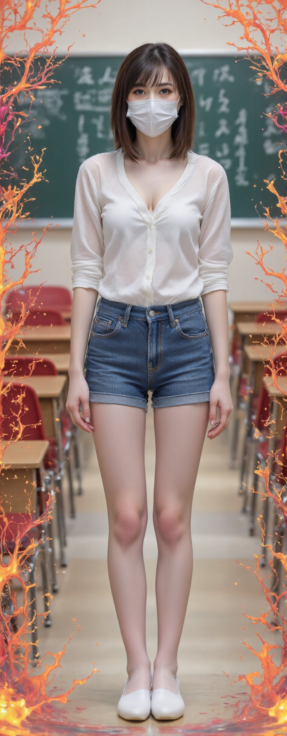 This is a high-resolution photo of a young East Asian woman standing in a classroom. She has a slim figure, a thin waist, F cups, and a fitted long-sleeved white top that subtly accentuates this. Her blue jeans fit and accentuate her slender legs. long legs wearing translucent skin color stockings,the skin on the legs is white and glowing,her hands behind her back,shy look. She has a smooth, fair complexion and dark brown hair tied in a high ponytail.
She wears a white surgical mask that covers her mouth and nose, which adds a clinical or protective element to her appearance. The classroom background consists of a green chalkboard with white chalk writing on it, although the handwriting is not entirely clear, and a wooden table with a red chair on the left side of the picture. The floor is light beige, and the overall atmosphere is reminiscent of a school or educational environment. The light is bright and even, possibly from the fluorescent lights overhead. Around the screen, surrounded by neon hues fire or neon hues flame, adding a mysterious, ethereal quality to the scene. The artwork uses vibrant, saturated colors and surreal textures, with an emphasis on the contrast between a woman's skin and the vibrant red of her clothing and surroundings.,AIDMAFLUXPROULTRA,HARUKA,COLORFUL FLS STYLE SPLASH,,VIBRANT FLS STYLE SPLATTER,