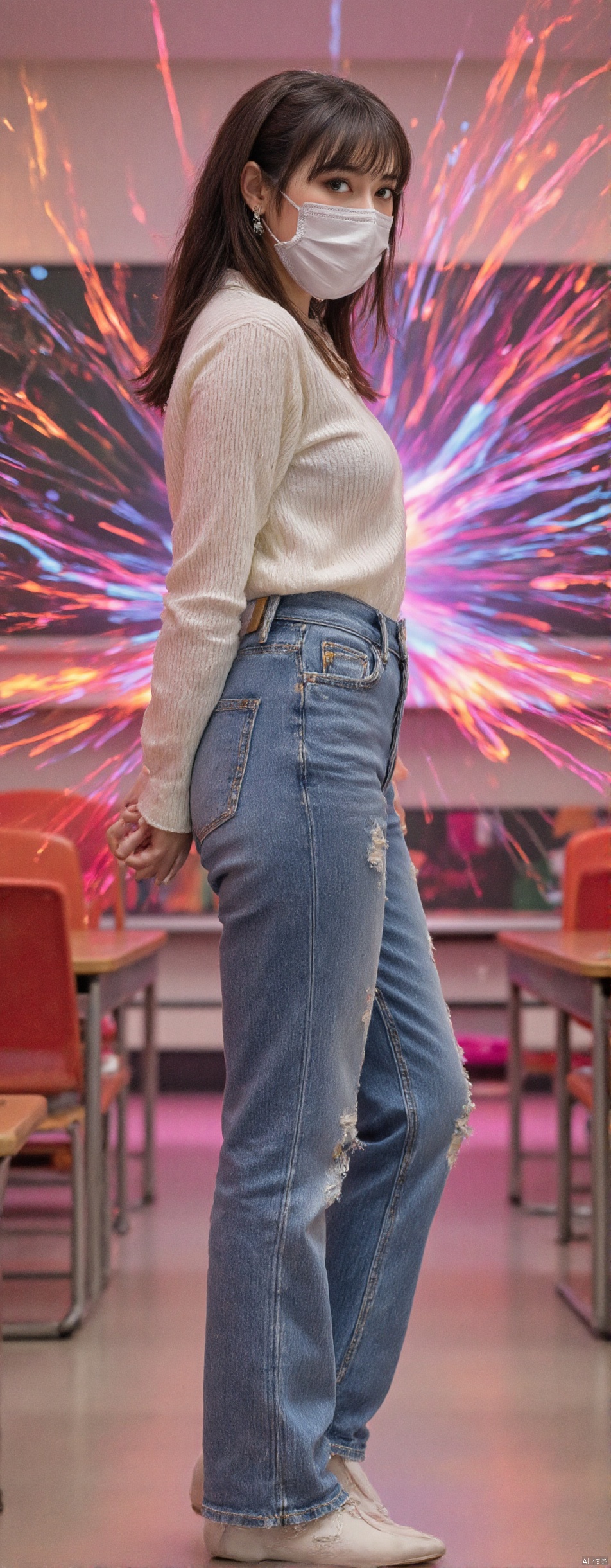 This is a high-resolution photo of a young East Asian woman standing in a classroom. She has a slim figure, a thin waist, F cups, and a fitted long-sleeved white top that subtly accentuates this. Her blue jeans fit and accentuate her slender legs. long legs wearing translucent skin color stockings,the skin on the legs is white and glowing,her hands behind her back,shy look. She has a smooth, fair complexion and dark brown hair tied in a high ponytail.
She wears a white surgical mask that covers her mouth and nose, which adds a clinical or protective element to her appearance. The classroom background consists of a green chalkboard with white chalk writing on it, although the handwriting is not entirely clear, and a wooden table with a red chair on the left side of the picture. The floor is light beige, and the overall atmosphere is reminiscent of a school or educational environment. The light is bright and even, possibly from the fluorescent lights overhead. Around the screen, surrounded by neon hues fire or neon hues flame, adding a mysterious, ethereal quality to the scene. The artwork uses vibrant, saturated colors and surreal textures, with an emphasis on the contrast between a woman's skin and the vibrant red of her clothing and surroundings.,AIDMAFLUXPROULTRA,HARUKA,COLORFUL FLS STYLE SPLASH,,VIBRANT FLS STYLE SPLATTER,
