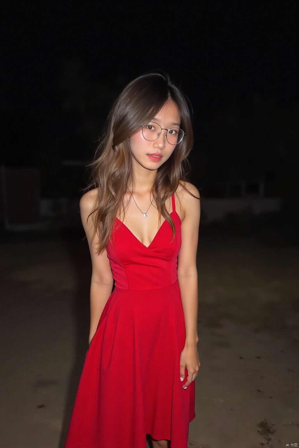 A 18-year-old woman,at night,bright ,red dress ,white skin,wavy hair,cxy,sideways,white light on face,wearing glasses,Thin face, melon face, pointy face,smooth skin,full_body,bare long legs,nine-headed body,wearing broad shoes,smile