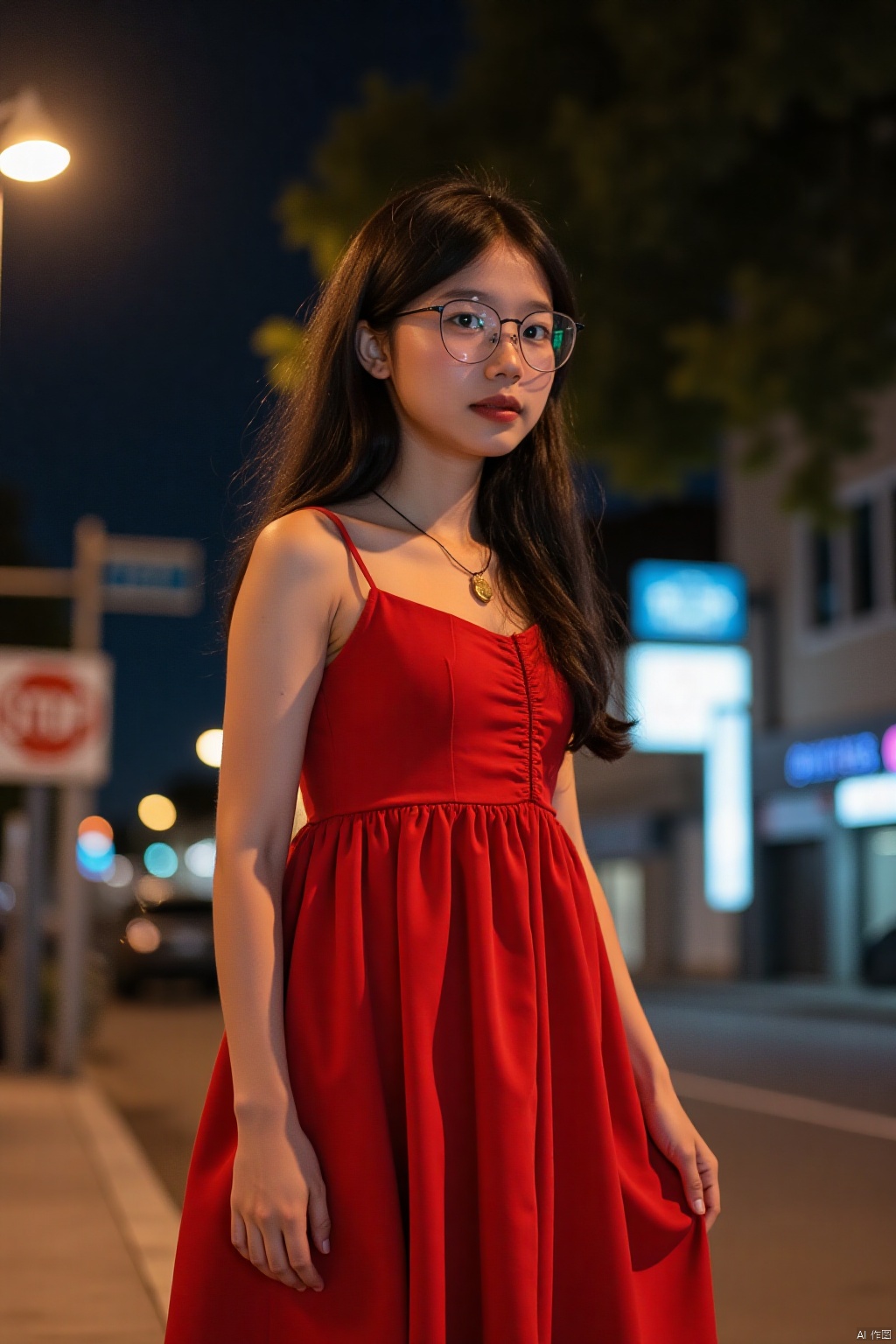 A 14-year-old woman,at night,bright ,red dress ,(white skin:1.2),wavy hair,cxy,sideways,wearing glasses,Thin face, melon face, pointy face,smooth skin,full_body,bare long legs,nine-headed body,wearing broad shoes,smile