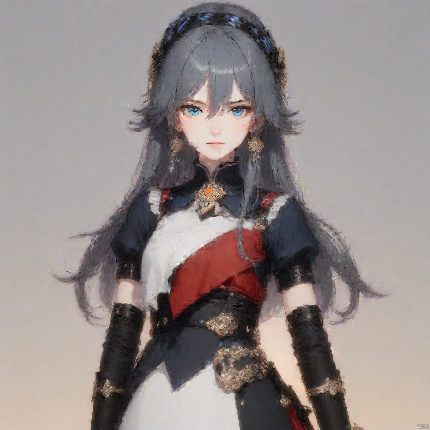 fu hua,fu hua cgver,long hair,bangs,blue eyes,hair between eyes,ponytail,hair ornament,grey hair,blue hair
1girl,solo,long hair,looking at viewer,blue eyes,simple background,shirt,long sleeves,white background,hair between eyes,jewelry,closed mouth,standing,grey hair,cowboy shot,earrings,oshort sleeves,black gloves,red collared shirt,puffy sleeves,jewelry,black dress,layered skirt,puffy short sleeves,black ascot,gold_trim,