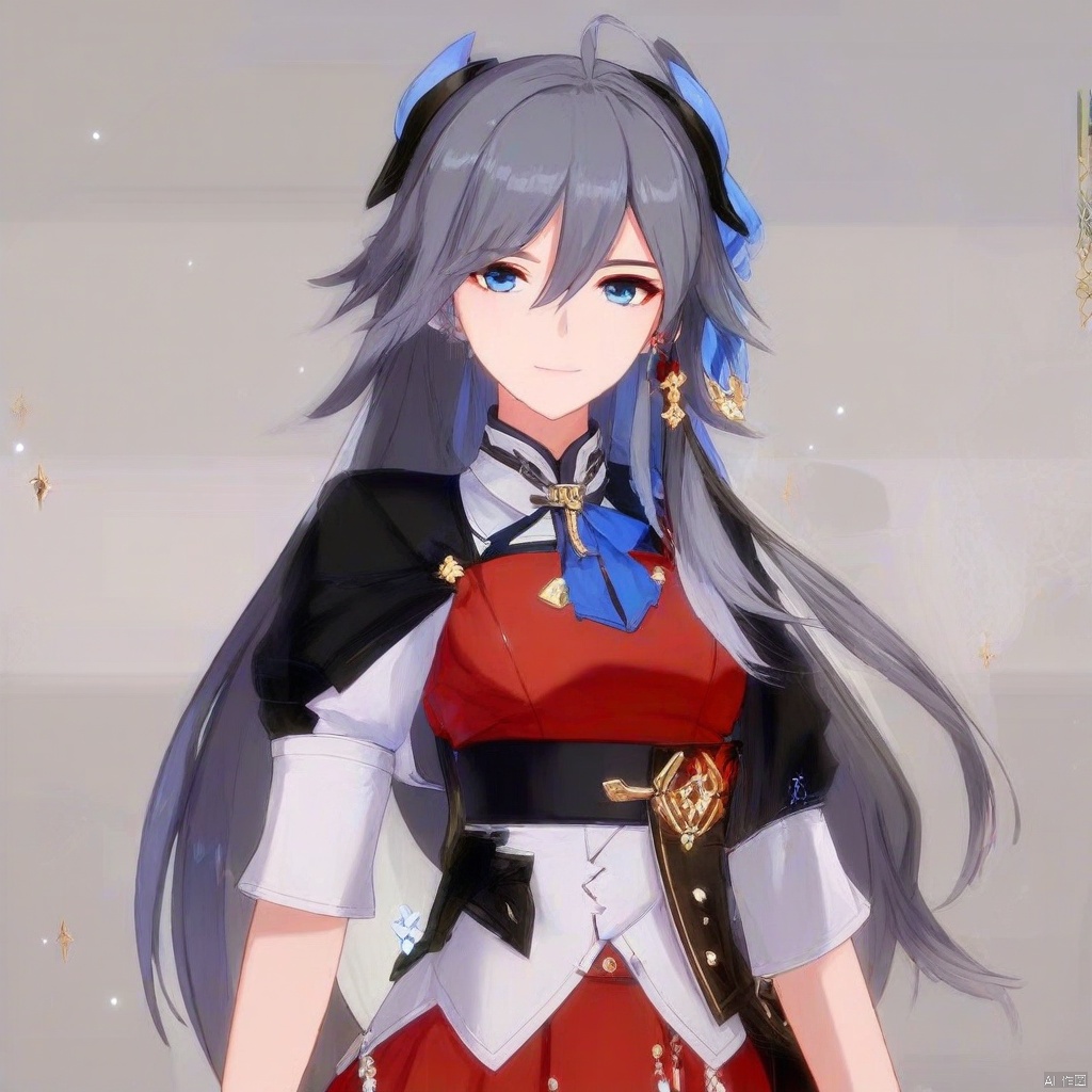 fu hua,fu hua cgver,long hair,bangs,blue eyes,hair between eyes,ponytail,hair ornament,grey hair,blue hair
1girl,solo,long hair,looking at viewer,blue eyes,simple background,shirt,long sleeves,white background,hair between eyes,jewelry,closed mouth,standing,grey hair,cowboy shot,earrings,oshort sleeves,black gloves,red collared shirt,puffy sleeves,jewelry,black dress,layered skirt,puffy short sleeves,black ascot,gold_trim,