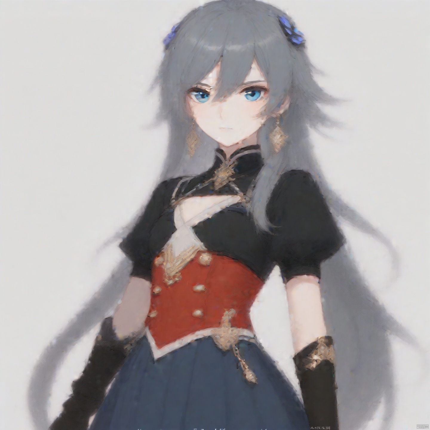 fu hua,fu hua cgver,long hair,bangs,blue eyes,hair between eyes,ponytail,hair ornament,grey hair,blue hair
1girl,solo,long hair,looking at viewer,blue eyes,simple background,shirt,long sleeves,white background,hair between eyes,jewelry,closed mouth,standing,grey hair,cowboy shot,earrings,oshort sleeves,black gloves,red collared shirt,puffy sleeves,jewelry,black dress,layered skirt,puffy short sleeves,black ascot,gold_trim,