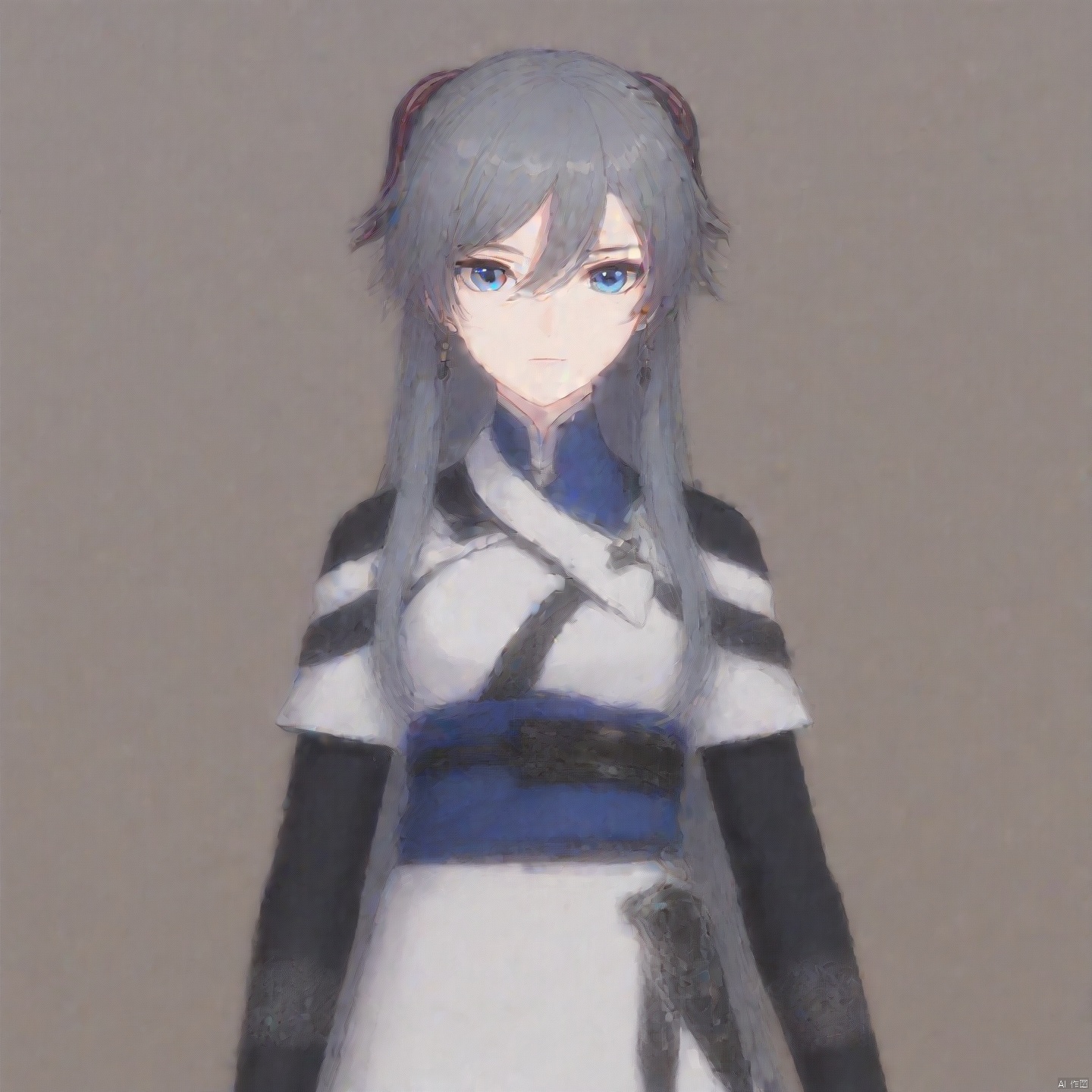 fu hua,fu hua cgver,long hair,bangs,blue eyes,hair between eyes,ponytail,hair ornament,grey hair,blue hair
