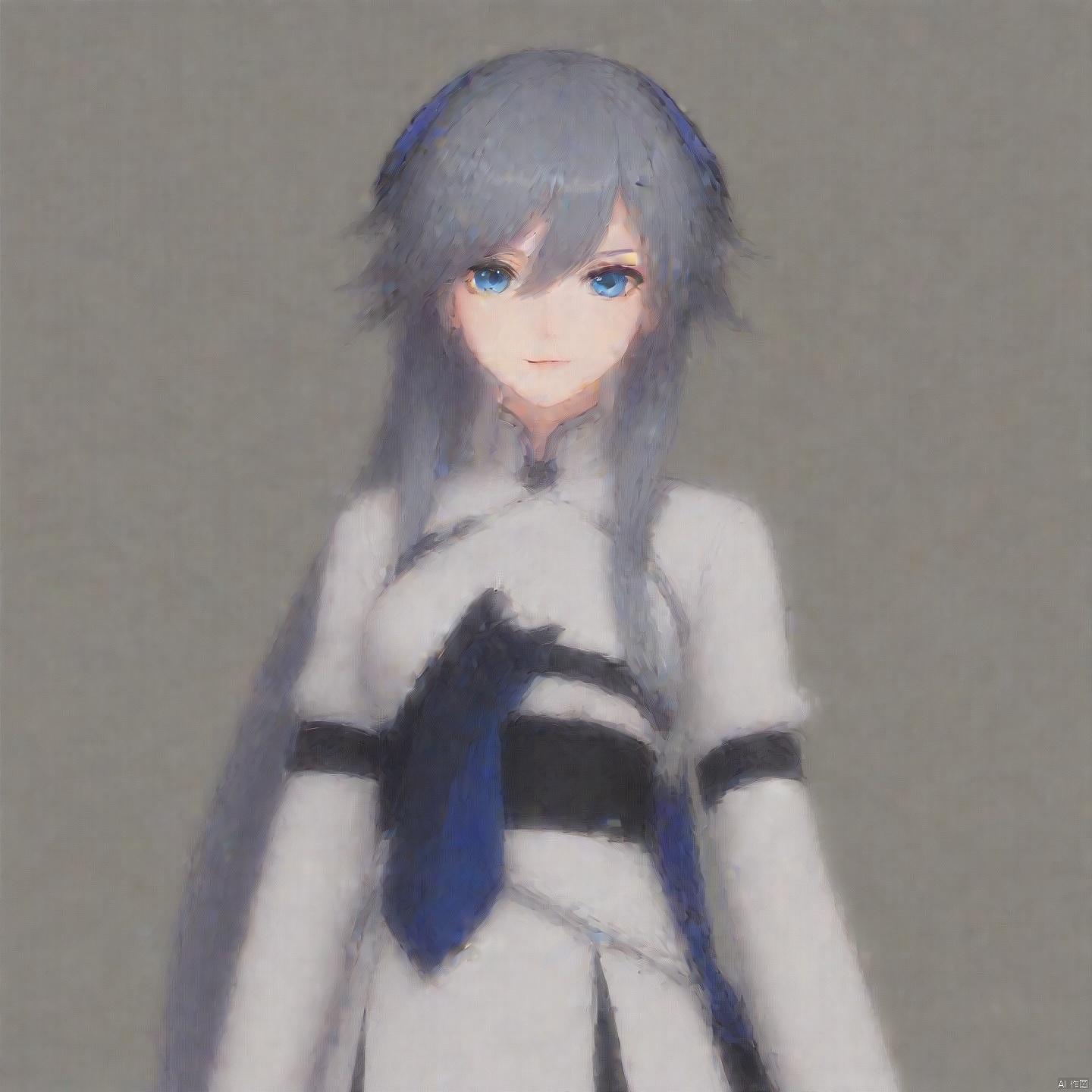 fu hua,fu hua cgver,long hair,bangs,blue eyes,hair between eyes,ponytail,hair ornament,grey hair,blue hair
