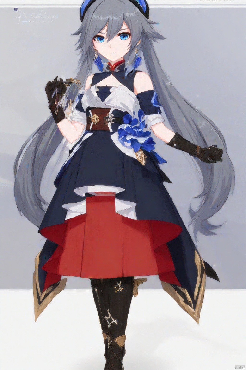 fu hua,fu hua cgver,long hair,bangs,blue eyes,hair between eyes,ponytail,hair ornament,grey hair,blue hair
1girl,solo,long hair,looking at viewer,blue eyes,simple background,shirt,long sleeves,white background,hair between eyes,jewelry,closed mouth,standing,grey hair,cowboy shot,earrings,oshort sleeves,black gloves,red collared shirt,puffy sleeves,jewelry,black dress,layered skirt,puffy short sleeves,black ascot,gold_trim,