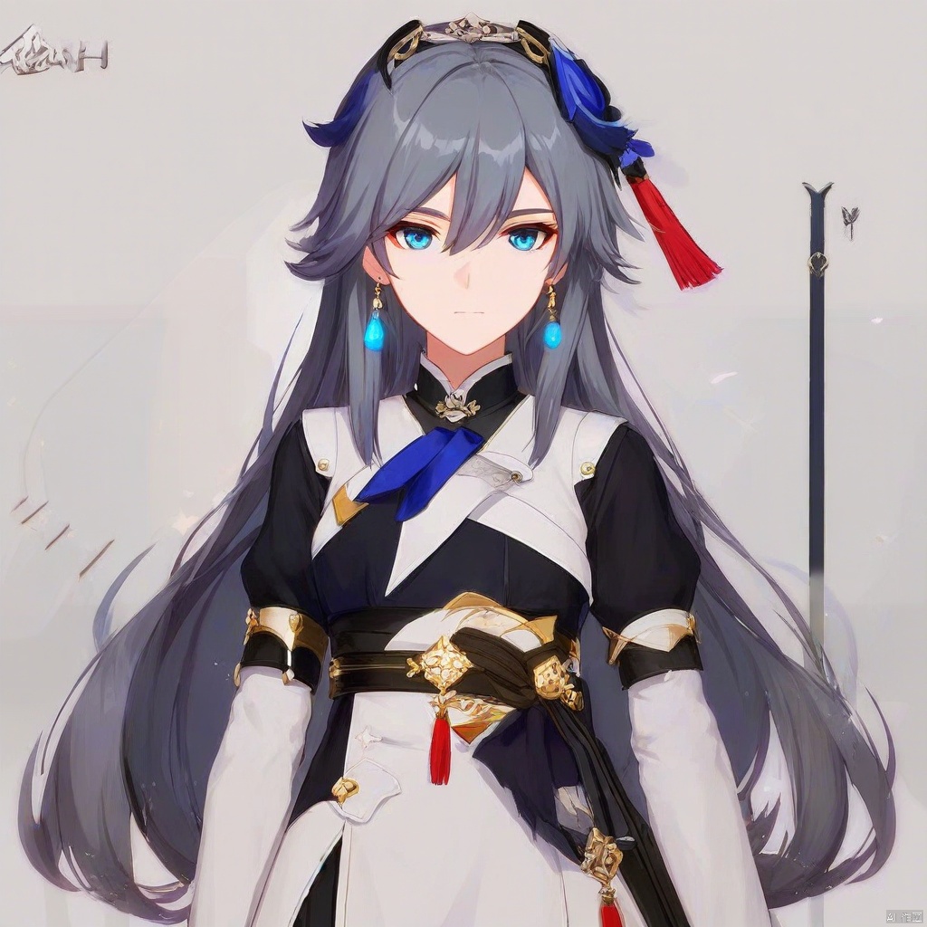 fu hua,fu hua cgver,long hair,bangs,blue eyes,hair between eyes,ponytail,hair ornament,grey hair,blue hair
1girl,solo,long hair,looking at viewer,blue eyes,simple background,shirt,long sleeves,white background,hair between eyes,jewelry,closed mouth,standing,grey hair,cowboy shot,earrings,oshort sleeves,black gloves,red collared shirt,puffy sleeves,jewelry,black dress,layered skirt,puffy short sleeves,black ascot,gold_trim,