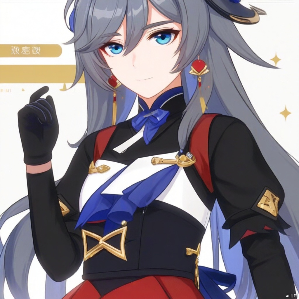 fu hua,fu hua cgver,long hair,bangs,blue eyes,hair between eyes,ponytail,hair ornament,grey hair,blue hair
1girl,solo,long hair,looking at viewer,blue eyes,simple background,shirt,long sleeves,white background,hair between eyes,jewelry,closed mouth,standing,grey hair,cowboy shot,earrings,oshort sleeves,black gloves,red collared shirt,puffy sleeves,jewelry,black dress,layered skirt,puffy short sleeves,black ascot,gold_trim,