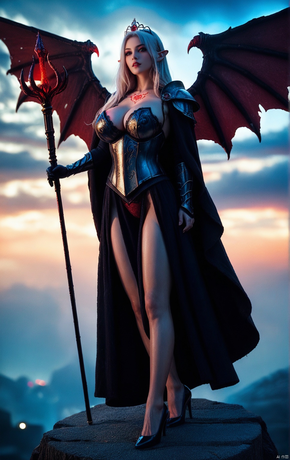 score_9,score_8_up,score_7_up,medium_long_shot,from_side,detailed, aesthetic,8k unreal engine photorealism, an evil queen, perched on a cloud,ethereal lighting, purple, nighttime, darkness,the breath of darkness, the devil, surreal art, fantasy, glowing, night, (dark environment),horrible chest tattoo,large breasts, narrow waist,long hair, pointy ears, tiara, very long white hair, red eyes, corruption, black eyeshadow,  bare stomach,armor,panties.shoulder guards,cloak,evil gloves,evil wings behind,high_heels,evil energy surrounds the body,the evil scepter,emitting a purple evil light,fantasy illustration, enchanting gaze, captivating pose, otherworldly charm, mystical sky, moonlit night, soft colors, detailed cloudscape, full body, veins,body, veins,(windy:0.9), Huge breasts,score_9_up score_8_up score_7_up