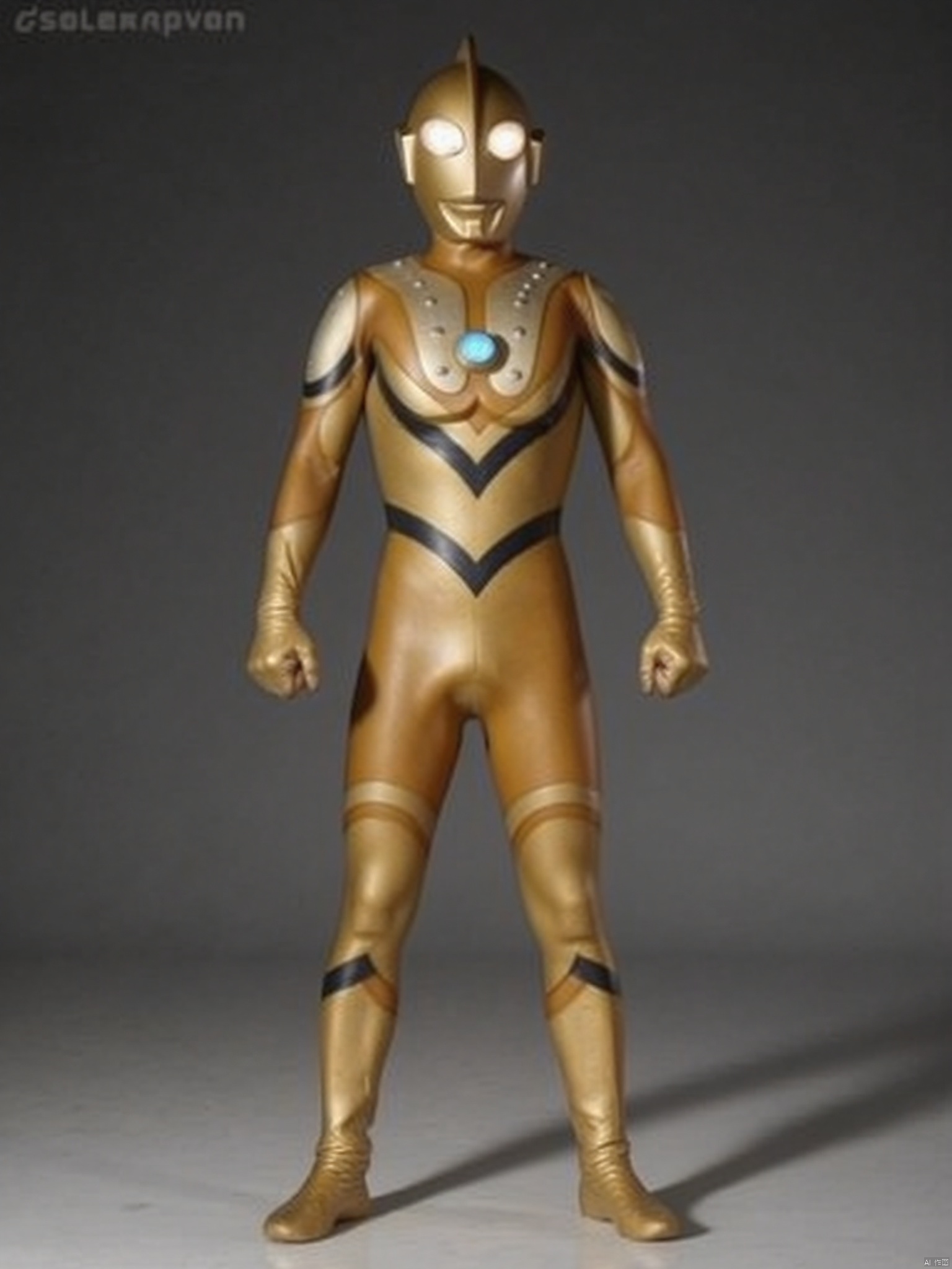 ultraman,golden bodysuit,golden gloves,legwear,gloves,boots,cover,mask,plugsuit,armor,bodysuit,black pattern on body,golden tight-fitting,golden footwear,helmet,leather suit,latex,tokusatsu,no humans,science fiction,golden head,hard mask,no smile,no eyes,no nose,solo,golden rubber bodysuit with black line