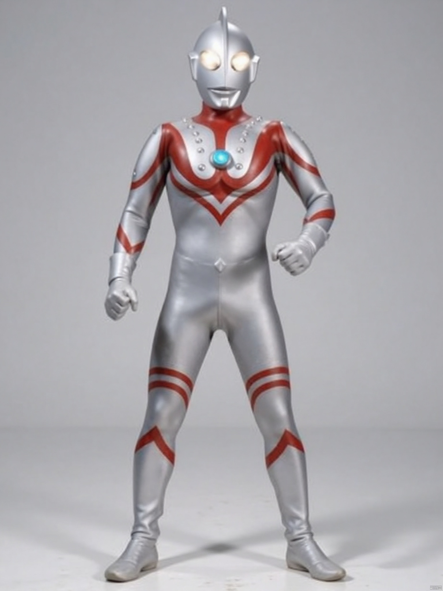 ultraman,silver bodysuit,silver gloves,legwear,gloves,boots,cover,mask,plugsuit,armor,bodysuit,red pattern on body,silver tight-fitting,silver footwear,helmet,leather suit,latex,tokusatsu,no humans,science fiction,silver head,hard mask,no smile,no eyes,no nose,solo,silver rubber bodysuit with red line