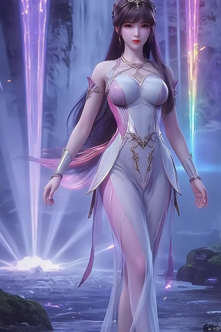 A graceful lady wearing a crystal neon dress with glowing crystal ornaments and rainbow prism effects, standing near a glowing crystal waterfall, soft neon and crystal glow surrounding her, ultra-detailed, 4K resolution, dreamlike beauty