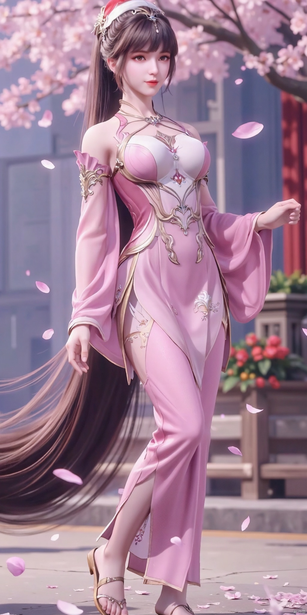 masterpiece,best quality,high quality,(colorful),small breasts,(black hair: 1.4),(leggy 1.5),1girl,aerith_gainsborough,brown_hair,cherry_blossoms,confetti,fallen petals,floral_print,flower,green_eyes , hair_flower, hair_ornament, interlocked_fingers, japanese_clothes, jewelry, Kimono, long hair, looking at the audience, open mouth, own hands, petals, pink dress, rose petals, sandals, smile, solo, very long hair, gift box, star hair accessory, gift box, jingle bells, Santa Claus costume, Santa Claus gloves, star hair accessories, Christmas wreath, Santa hat
