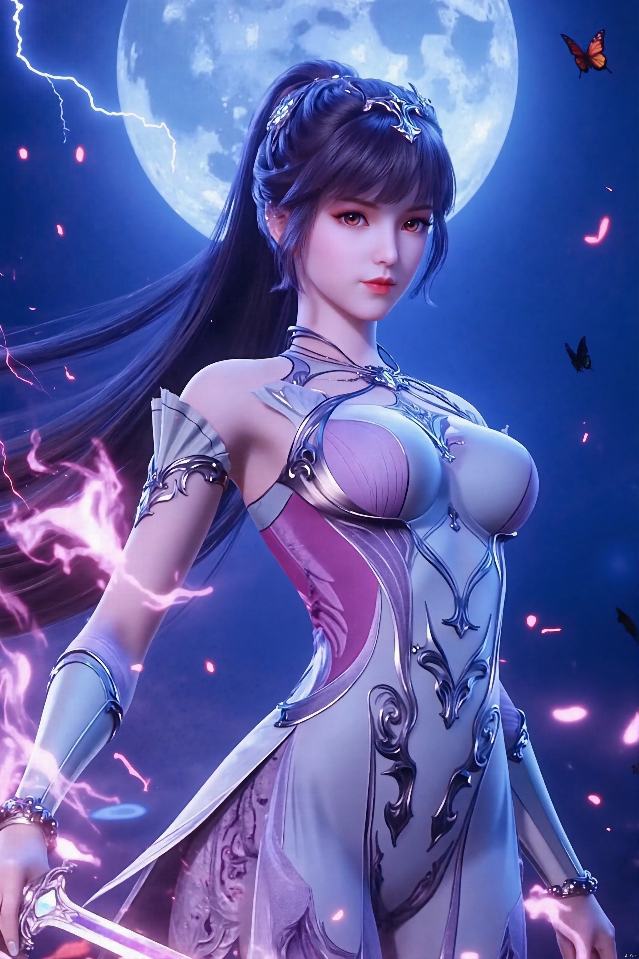 1girl,solo,weapon,dress,black hair,electricity,sword,breasts,huge breasts,big breasts,fire,flowing hair,Weapons,many swords flying in the air,neatly circled around the girl in a single direction,blue dress,fire,flowing hair,burning,wrapped in flames, girl solo,abstract,red eyes,red liquid,traditional dress,sword,full moon.
(huge breasts:1.6),Against a celestial canvas of deep blue sky and lightning background, a mystical maiden stands out. Holding an energy sword in hand.1sword with white and blue energy,white power,magic power. 
A flowing white dress with intricate blue embroidery cinched at the waist by a shining blue belt accentuates her ethereal beauty. The soft glow of moonlight illuminates her serene pose, as if she's a guardian of the starry expanse. blue eyes, hair ornament,moon, bug, butterfly,lxq-hd.