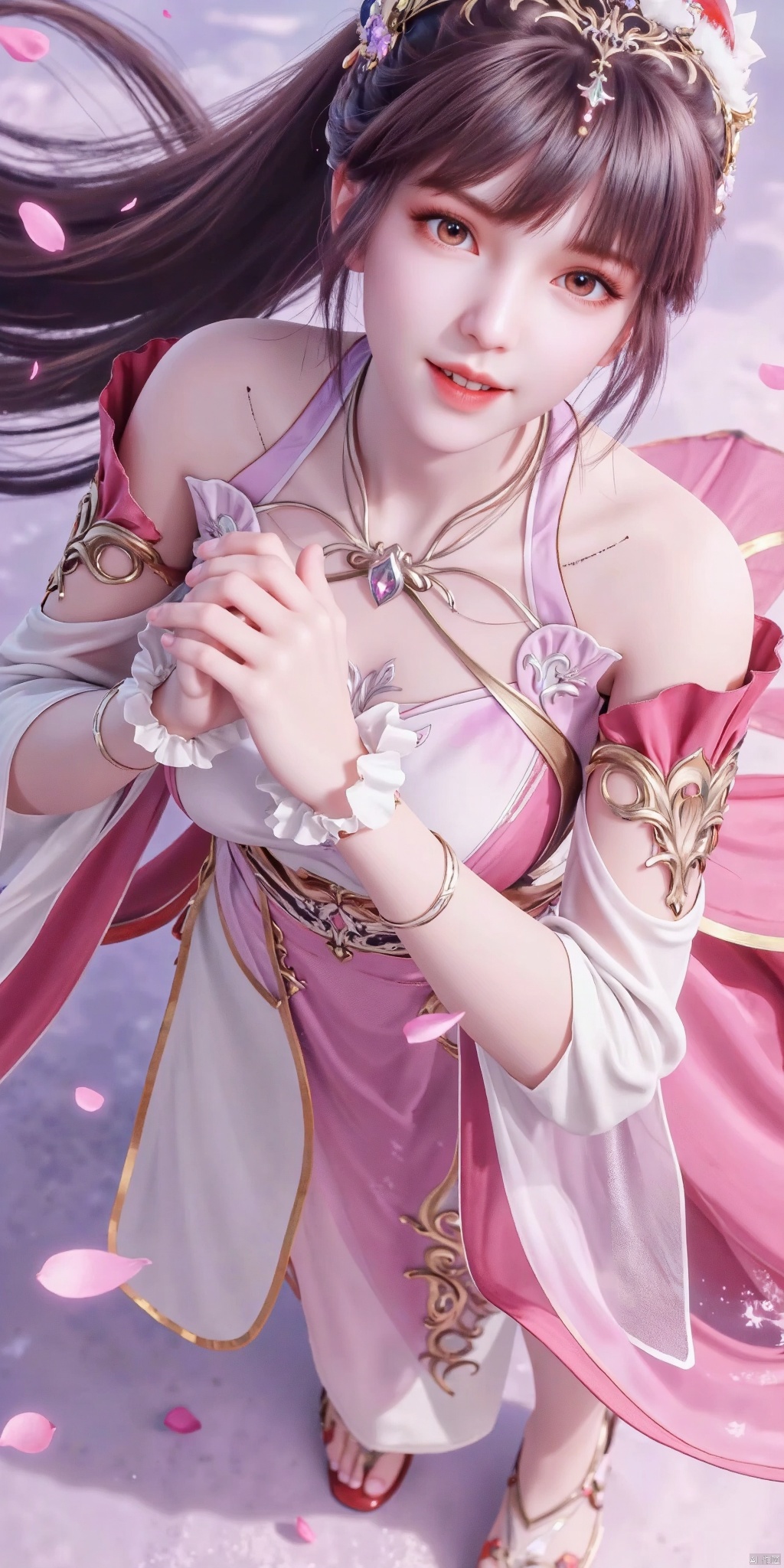 masterpiece,best quality,high quality,(colorful),small breasts,(black hair: 1.4),(leggy 1.5),1girl,aerith_gainsborough,brown_hair,cherry_blossoms,confetti,fallen petals,floral_print,flower,green_eyes , hair_flower, hair_ornament, interlocked_fingers, japanese_clothes, jewelry, Kimono, long hair, looking at the audience, open mouth, own hands, petals, pink dress, rose petals, sandals, smile, solo, very long hair, gift box, star hair accessory, gift box, jingle bells, Santa Claus costume, Santa Claus gloves, star hair accessories, Christmas wreath, Santa hat