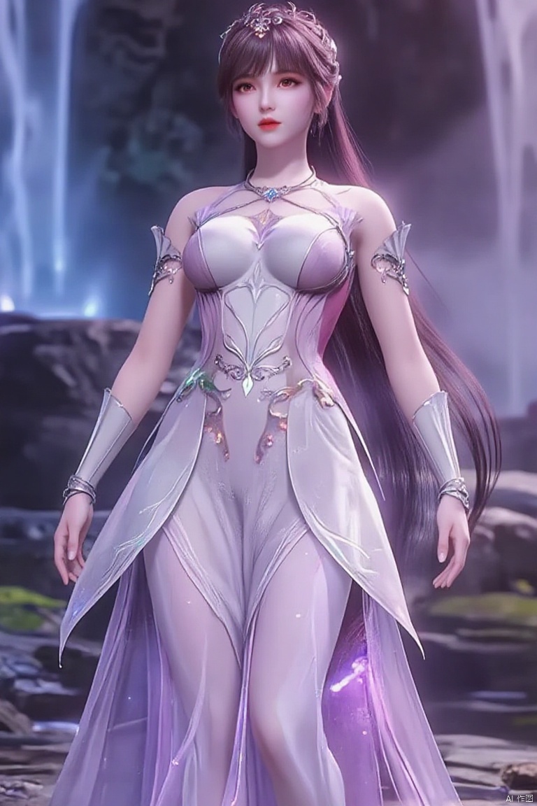 A graceful lady wearing a crystal neon dress with glowing crystal ornaments and rainbow prism effects, standing near a glowing crystal waterfall, soft neon and crystal glow surrounding her, ultra-detailed, 4K resolution, dreamlike beauty