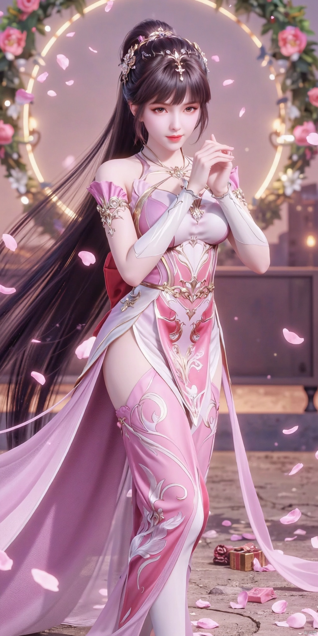 masterpiece,best quality,high quality,(colorful),small breasts,(black hair: 1.4),(leggy 1.5),1girl,aerith_gainsborough,brown_hair,cherry_blossoms,confetti,fallen petals,floral_print,flower,green_eyes , hair_flower, hair_ornament, interlocked_fingers, japanese_clothes, jewelry, Kimono, long hair, looking at the audience, open mouth, own hands, petals, pink dress, rose petals, sandals, smile, solo, very long hair, gift box, star hair accessory, gift box, jingle bells, Santa Claus costume, Santa Claus gloves, star hair accessories, Christmas wreath, Santa hat