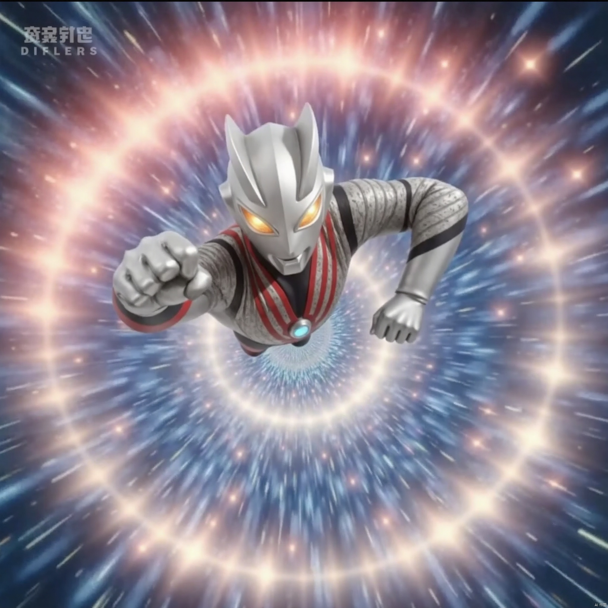 Ultlive rise,（clenched hand）,punching,ultraman,silver bodysuit,silver gloves,legwear,gloves,boots,cover,mask,plugsuit,armor,bodysuit,red pattern on body,silver tight-fitting,silver footwear,helmet,leather suit,latex,tokusatsu,no humans,science fiction,silver head,hard mask,no smile,no eyes,no nose,solo,silver rubber bodysuit with red line