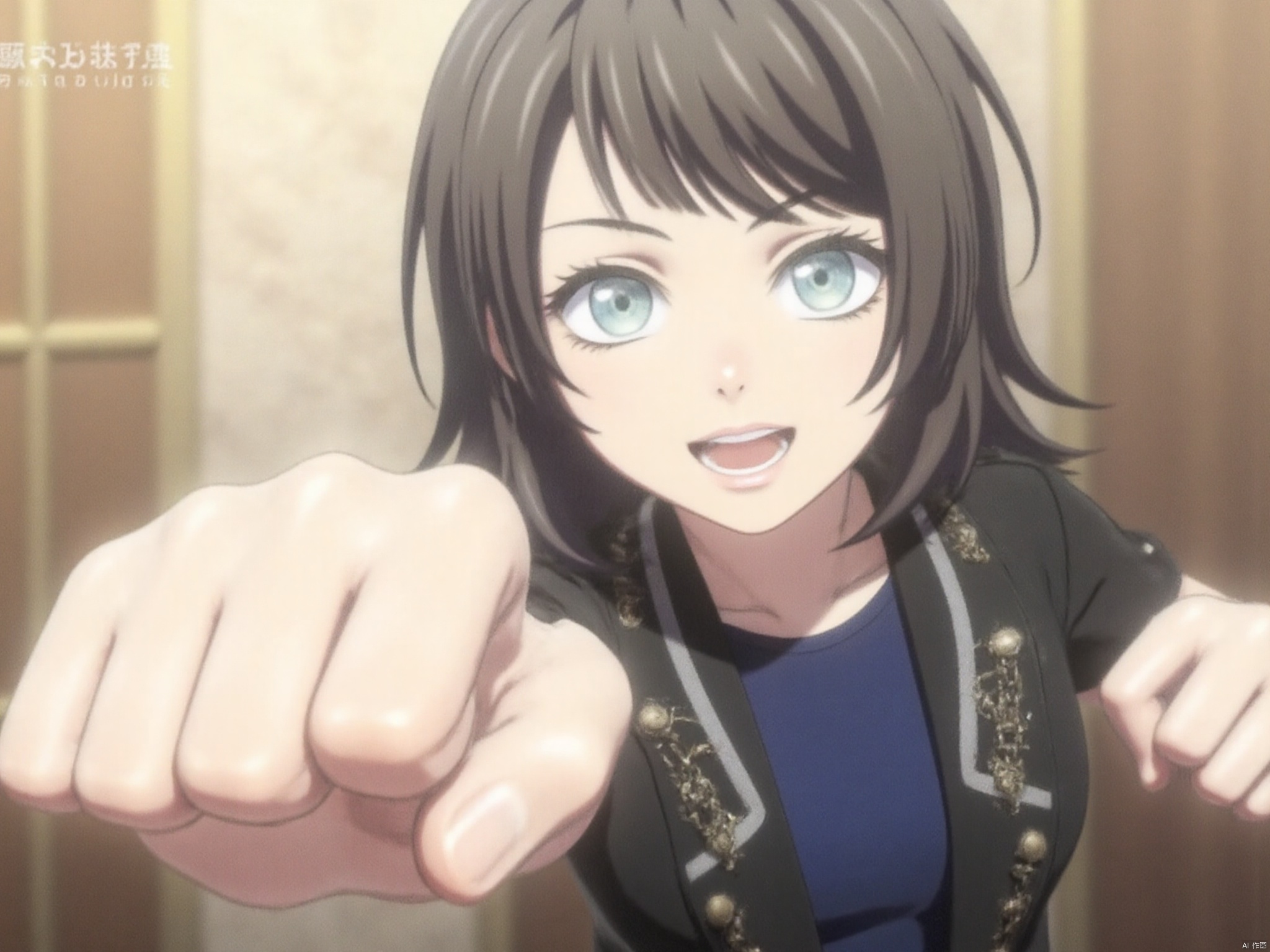 Ultlive rise,（clenched hand）,punching,Yahata Umiri,black hair,long hair,blue eyes,bangs,swept bangs