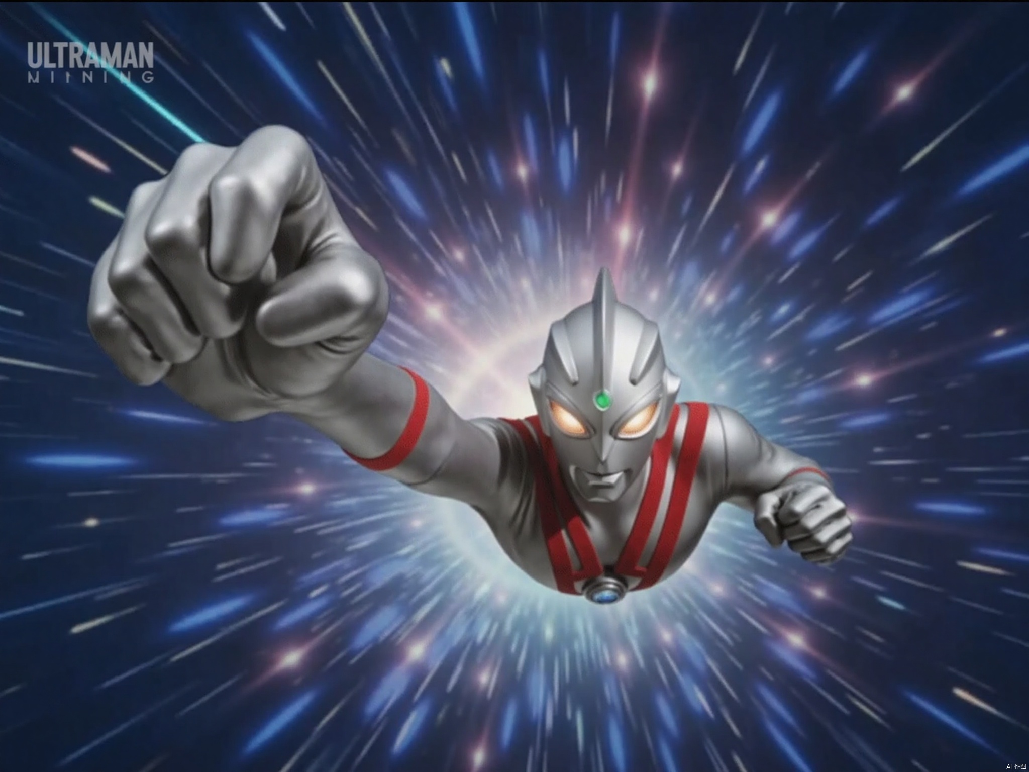 Ultlive rise,（clenched hand）,punching,ultraman,silver bodysuit,silver gloves,legwear,gloves,boots,cover,mask,plugsuit,armor,bodysuit,red pattern on body,silver tight-fitting,silver footwear,helmet,leather suit,latex,tokusatsu,no humans,science fiction,silver head,hard mask,no smile,no eyes,no nose,solo,silver rubber bodysuit with red line