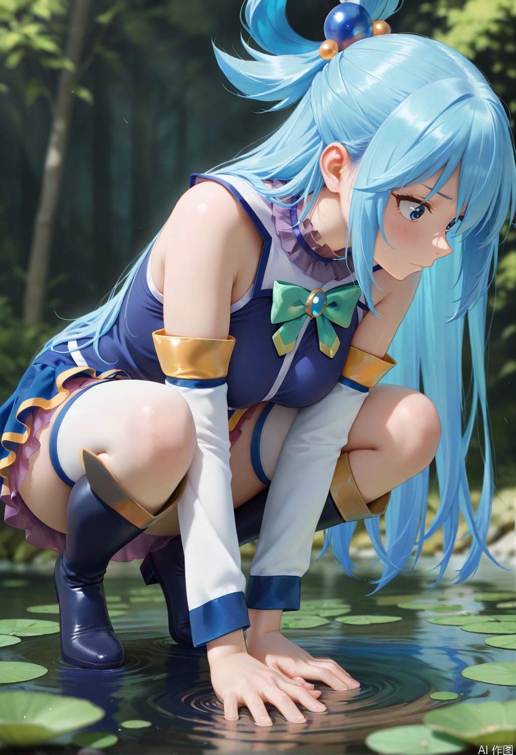 masterpiece, best quality, good quality, very aesthetic, absurdres, newest, 8K, detailed anime, depth of field, focused subject, vibrant anime, BREAK Aqua (Konosuba), bending down to look at a frog, lily pond , volumetric lighting, epic composition, epic proportion, ,masterpiece,best quality,amazing quality,very aesthetic,absurdres,newest,perfect hands,artist:moriimee,FaceLighting,kawaiiShoujo