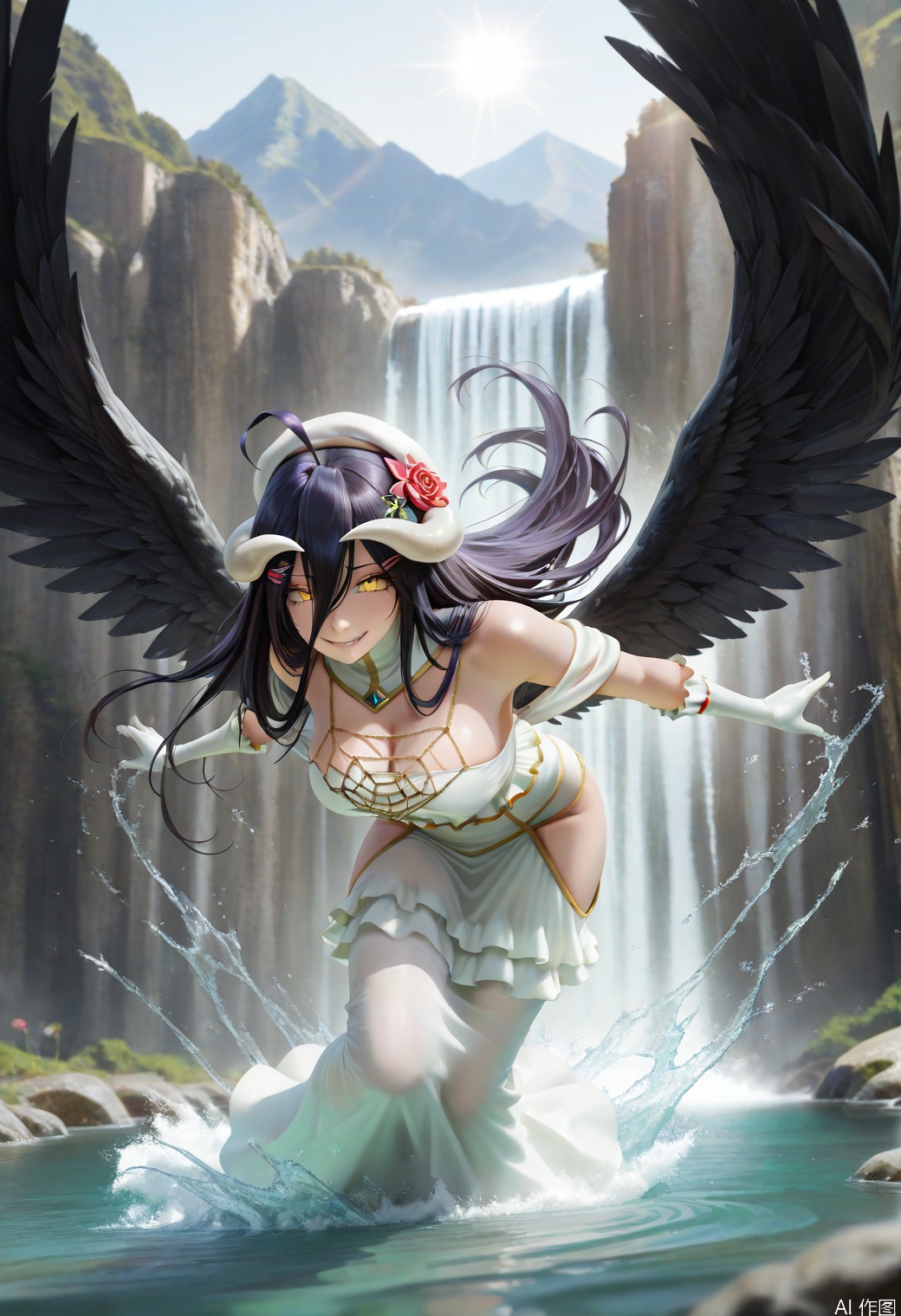 masterpiece,best quality,amazing quality,very aesthetic,absurdres,newest,close-up shot,albedo_(overlord),long hair,yellow eyes,evil smile,hat,flower accessories,hairclip,cute,form-fitting dress of white silk with intricate golden embroidery tracing her curves,black wings,playing with water,smile,splashing water in a lake,dynamic pose,looking at viewer,((waterfall)),volumetric lighting,mountain,sunlight,shades,sky,dynamic scene,depth of field, cinematic, masterpiece,best quality,amazing quality,very aesthetic,absurdres,newest