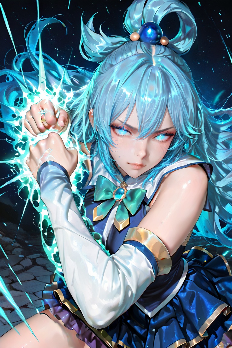 aqua_(konosuba), highres, 1girl, blue_eyes, blue_hair, bow, clenched_teeth, dress, fighting_stance, glowing, glowing_hand, green_bow, hair_ornament, hair_rings, incoming_attack, incoming_punch, long_hair, looking_at_viewer, punching, single_hair_ring, solo, teeth, particle effect, , epic composition, epic proportion, volumetric lighting, dynamic angle, , masterpiece,best quality,amazing quality,very aesthetic,absurdres,newest,kidmo,deadflow,bm tol,ask \(askzy\),mamimi \(mamamimi\),pastel colors,Realistic face,realistic skin,close-