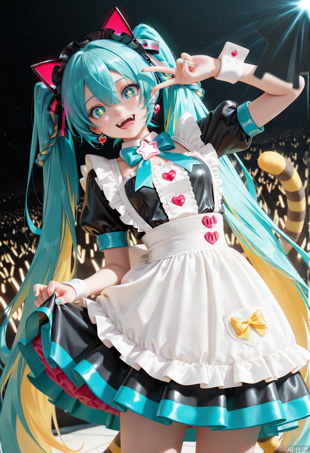 Girl, solo, long hair, looking at the audience, smiling, open mouth, bangs, hat, skirt, bow, hair between eyes, double tail braid, blue hair, short sleeves, heart, earrings, teeth, tongue, stripes, puffy sleeves, tongue, star, nail polish, star eyes, apron, puffy short sleeves, wrist cuffs,Symbol-shaped learning Raw,v, black headdress, water yellow hair, fangs, waist skirt, white apron,Hatsune Miku, maid skirt, look down