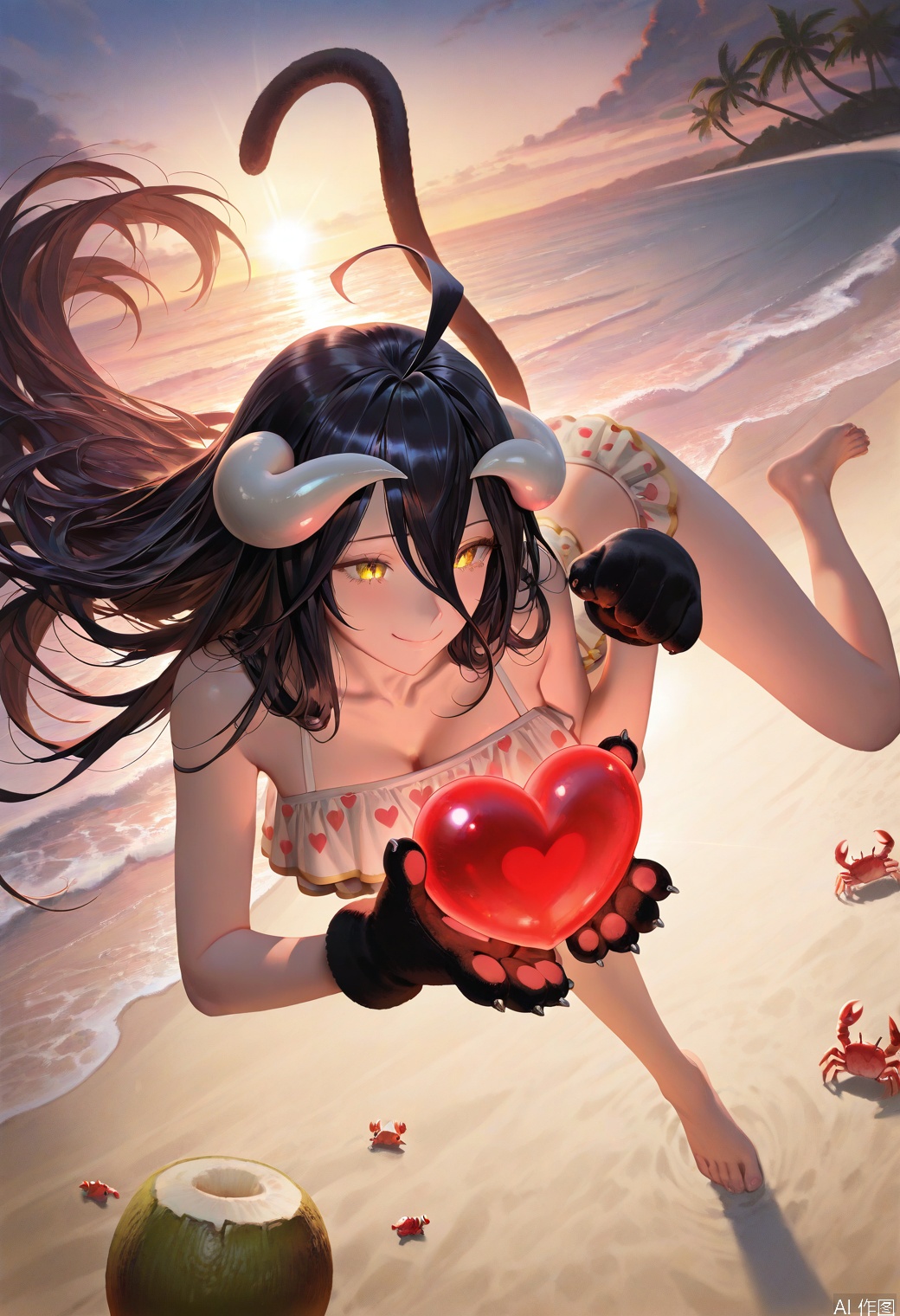 score_9,score_8_up,score_7_up,alone, solo, high quality, dynamic pose, (Albedo_Overlord), ahoge, black hair, long hair, a beauty, happy smile, slender figure, light and shadow effects, sunshine shines, Seaside, beach, coconut trees, crabs, Beachwear (two-piece), cat ears, cat tail, cat gloves, big heart, Glowing red love hearts special effects,best_quality,masterpiece,newest,year 2024,year 2023,very aesthetic,absurdres,impactful picture,offcial art,movie perspective,(aos:1),(fajyobore:0.5),(chiaroscuro:1),